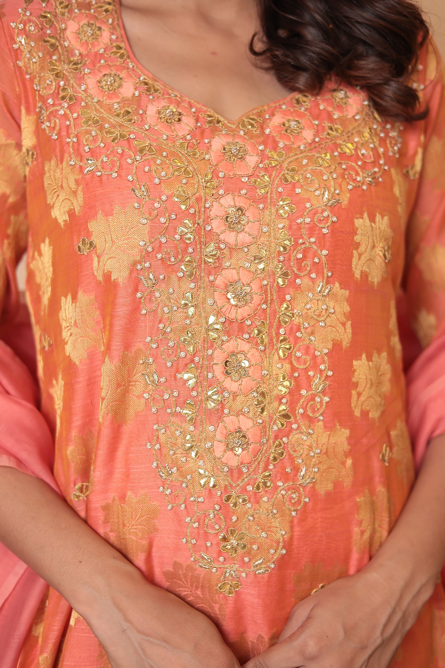 Peach Banarasi Silk Kurta Set: Indian Wedding Outfit with Zari Dupatta