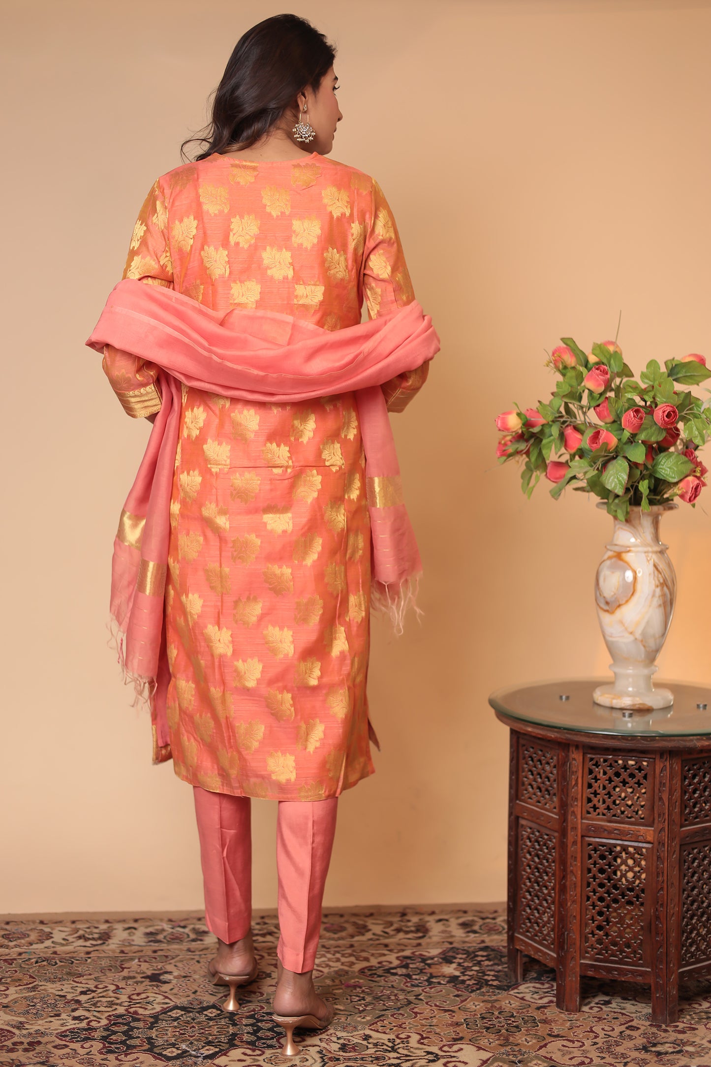 Peach Banarasi Silk Kurta Set: Indian Wedding Outfit with Zari Dupatta
