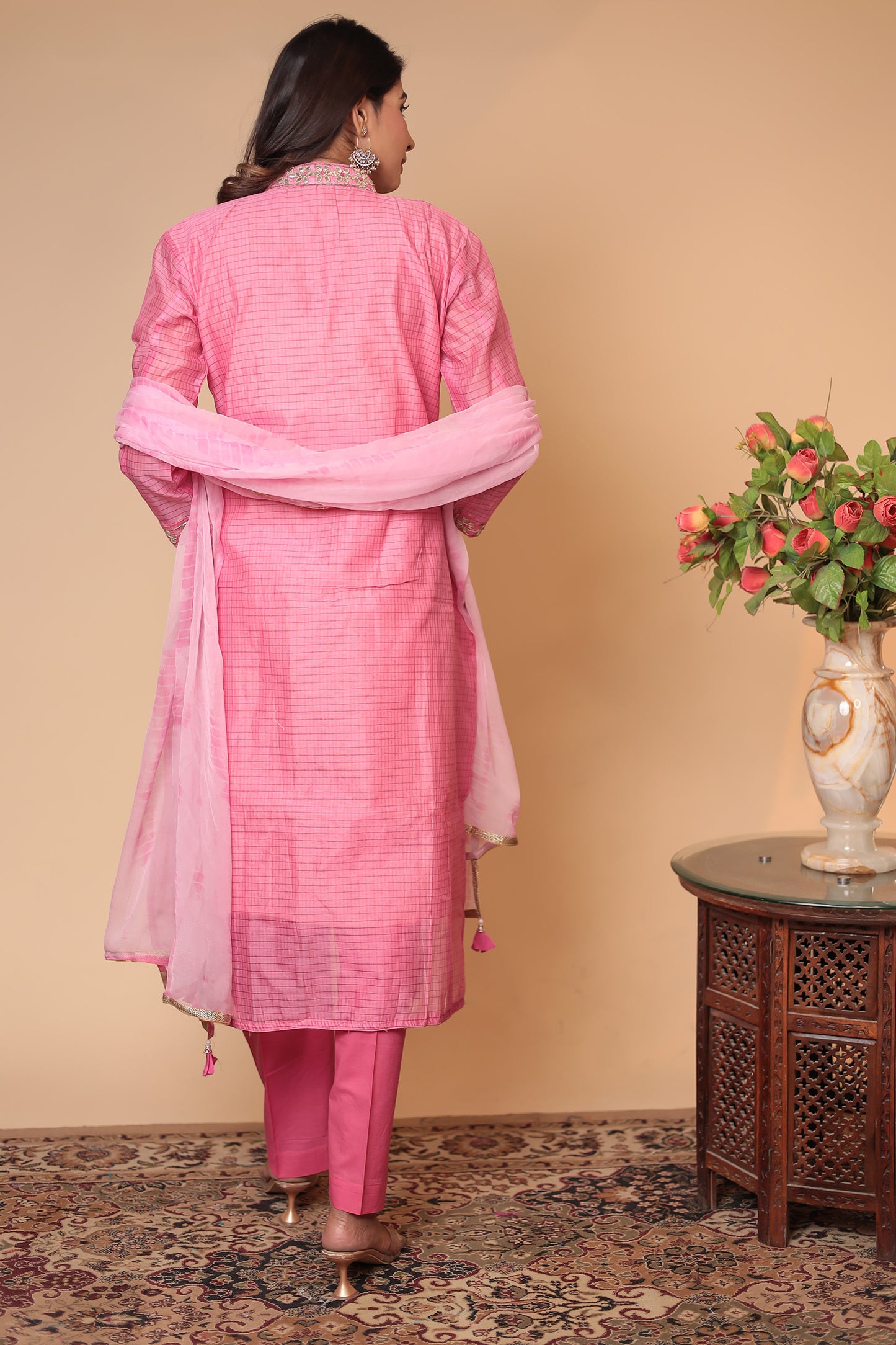 Pink Zardozi Kurta Set: Indian Wedding Outfit, Silk Blend Dress