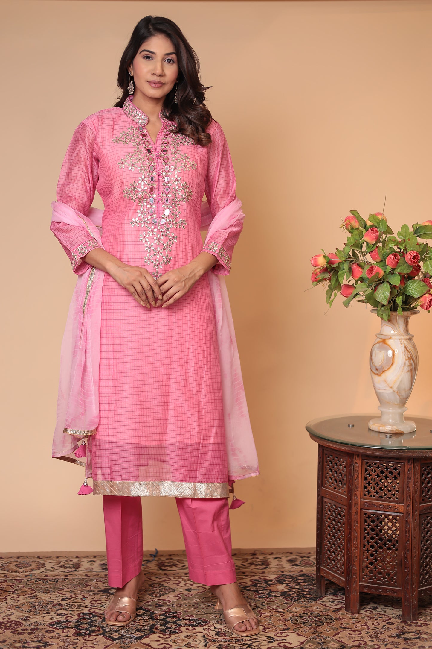 Pink Zardozi Kurta Set: Indian Wedding Outfit, Silk Blend Dress