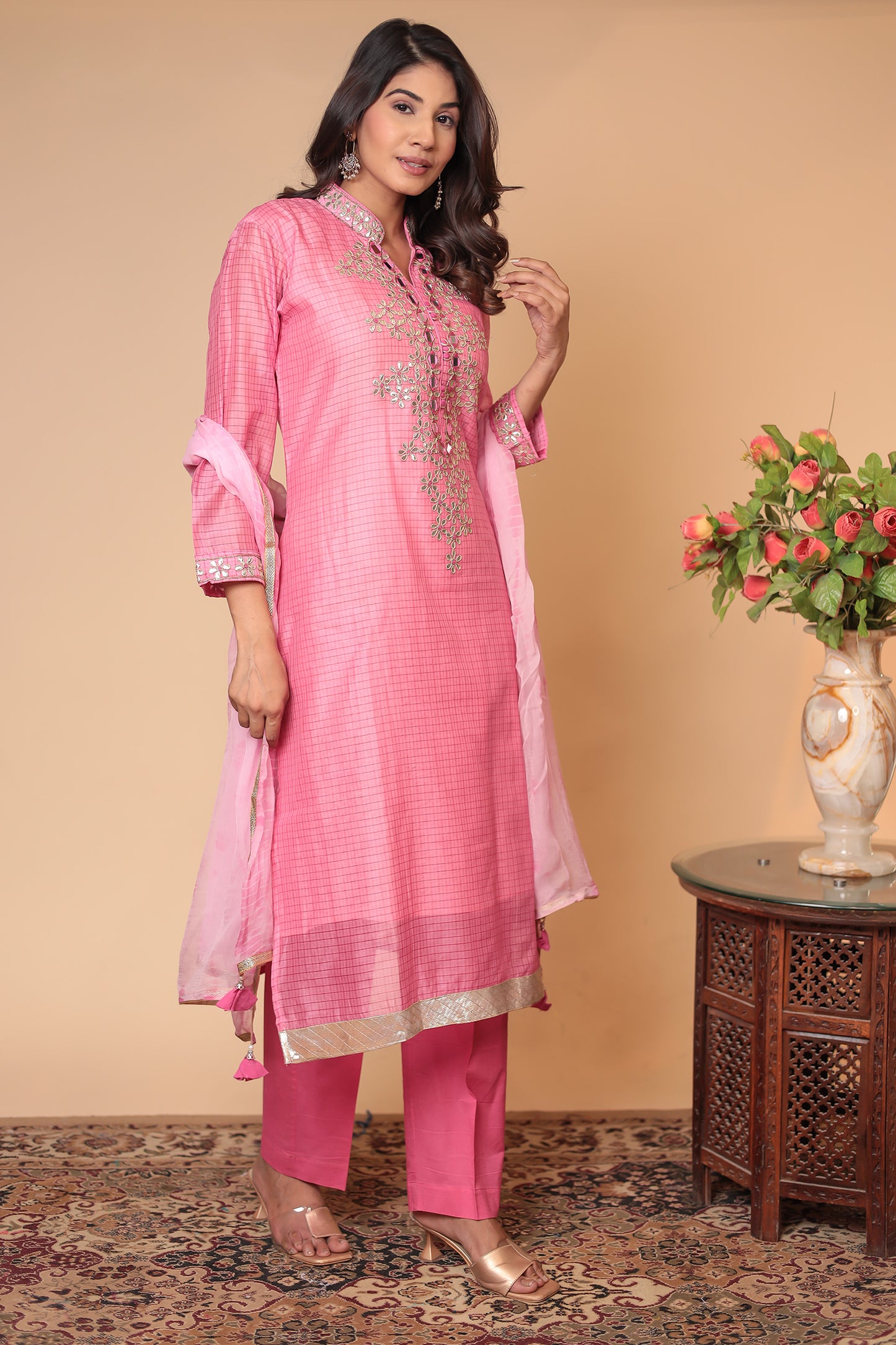 Pink Zardozi Kurta Set: Indian Wedding Outfit, Silk Blend Dress