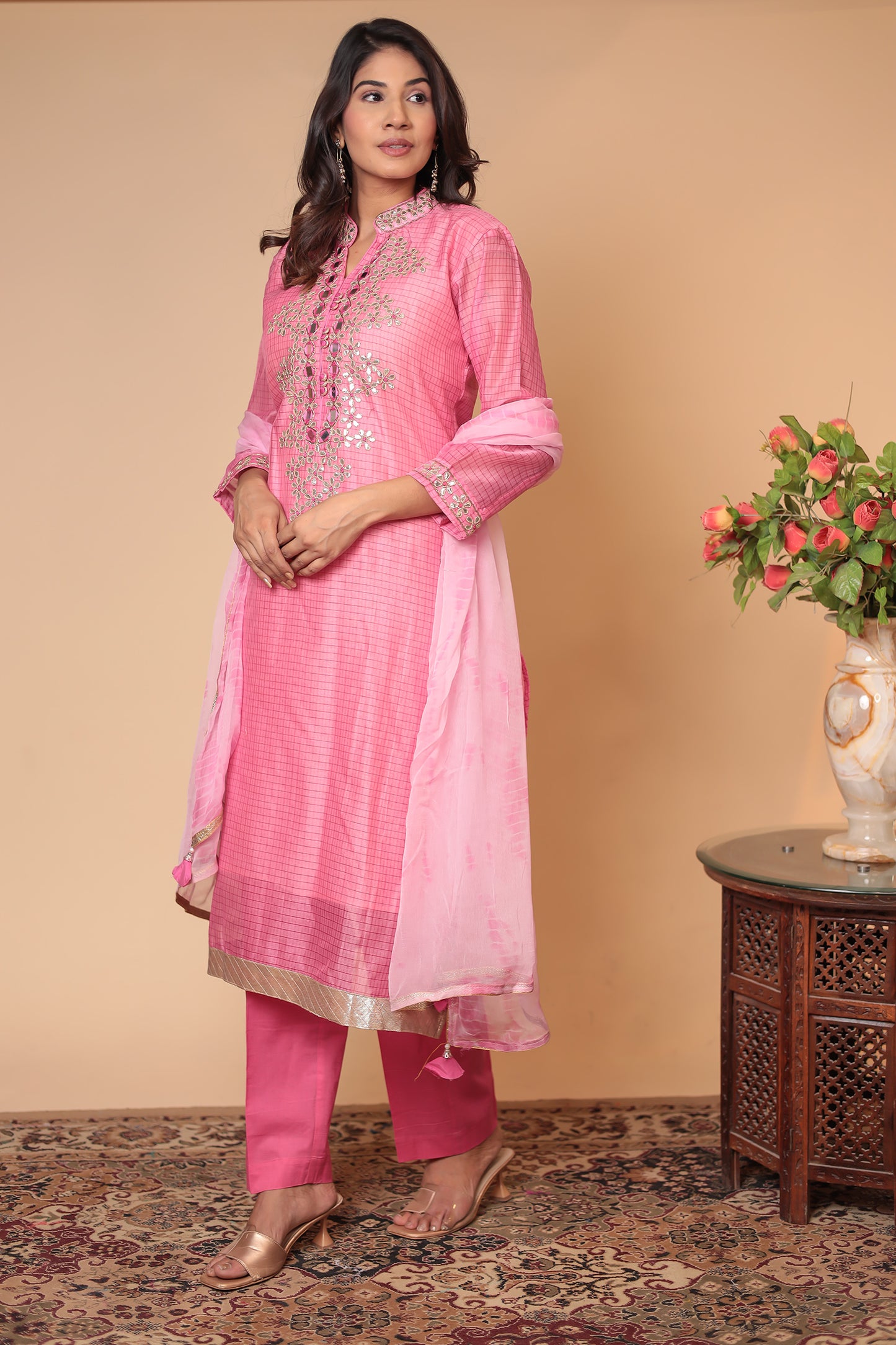 Pink Zardozi Kurta Set: Indian Wedding Outfit, Silk Blend Dress