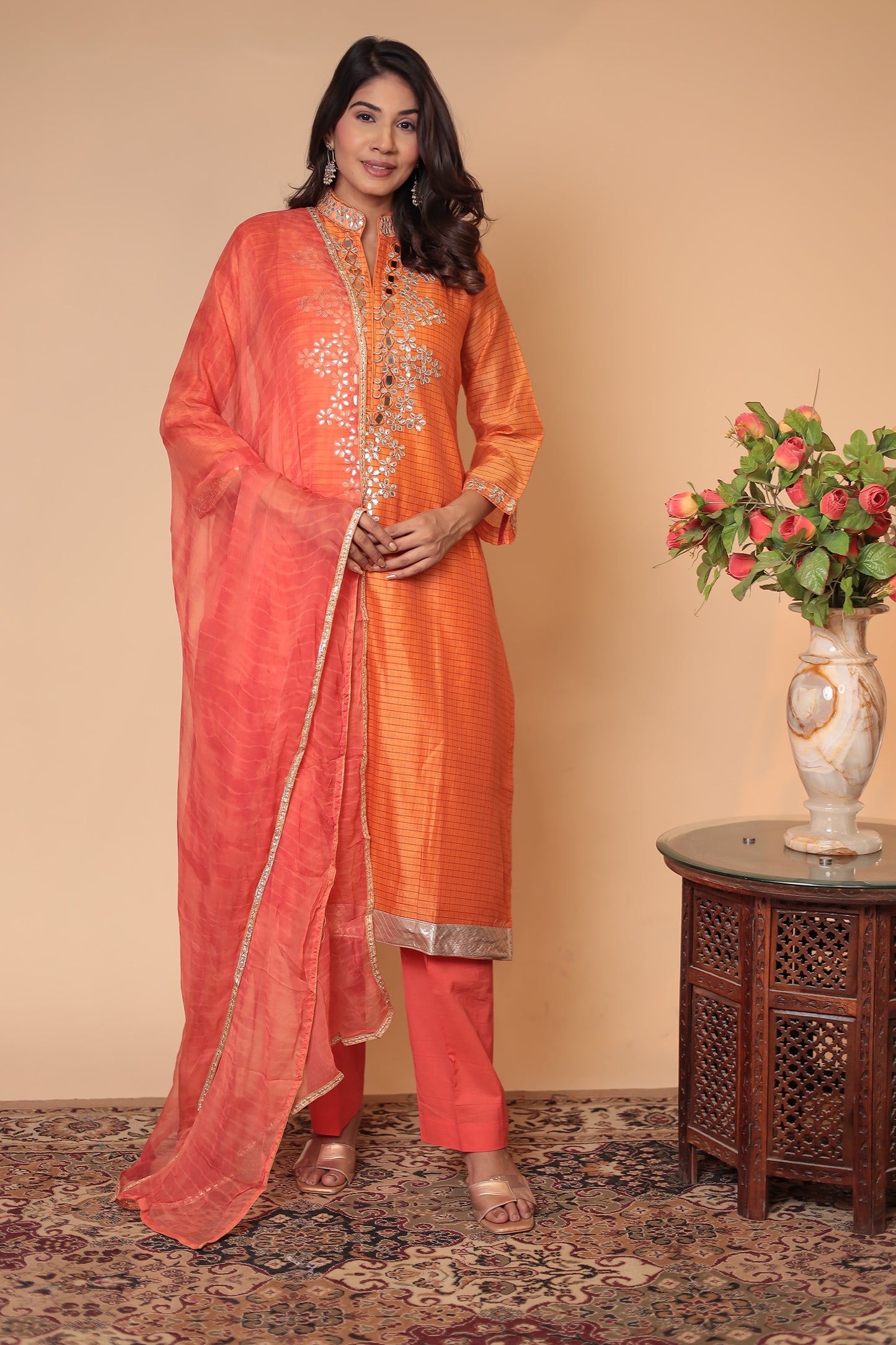Orange Zardozi Kurta Set: Indian Silk Blend Suit with Chiffon Dupatta