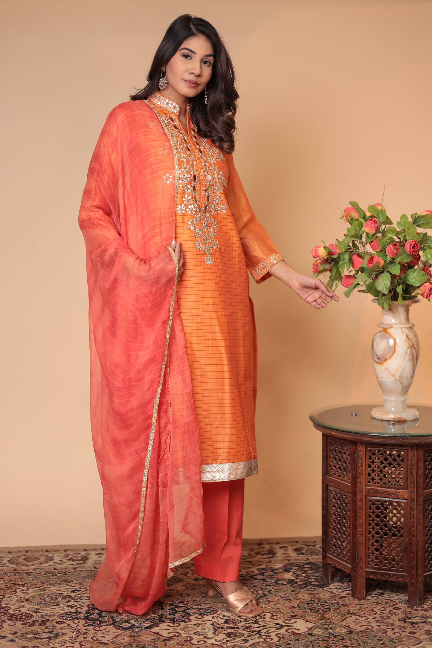 Orange Zardozi Kurta Set: Indian Silk Blend Suit with Chiffon Dupatta