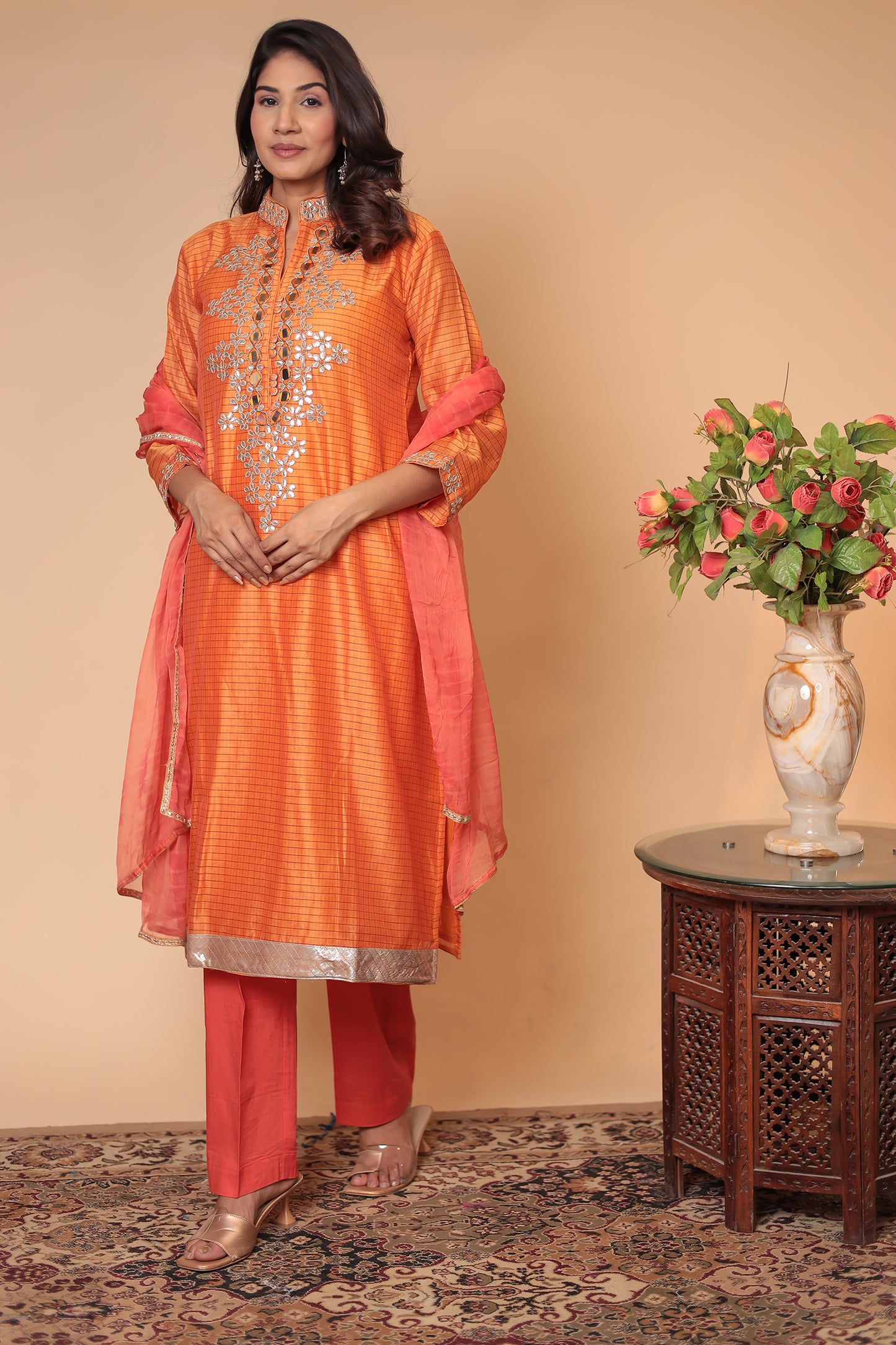 Orange Zardozi Kurta Set: Indian Silk Blend Suit with Chiffon Dupatta