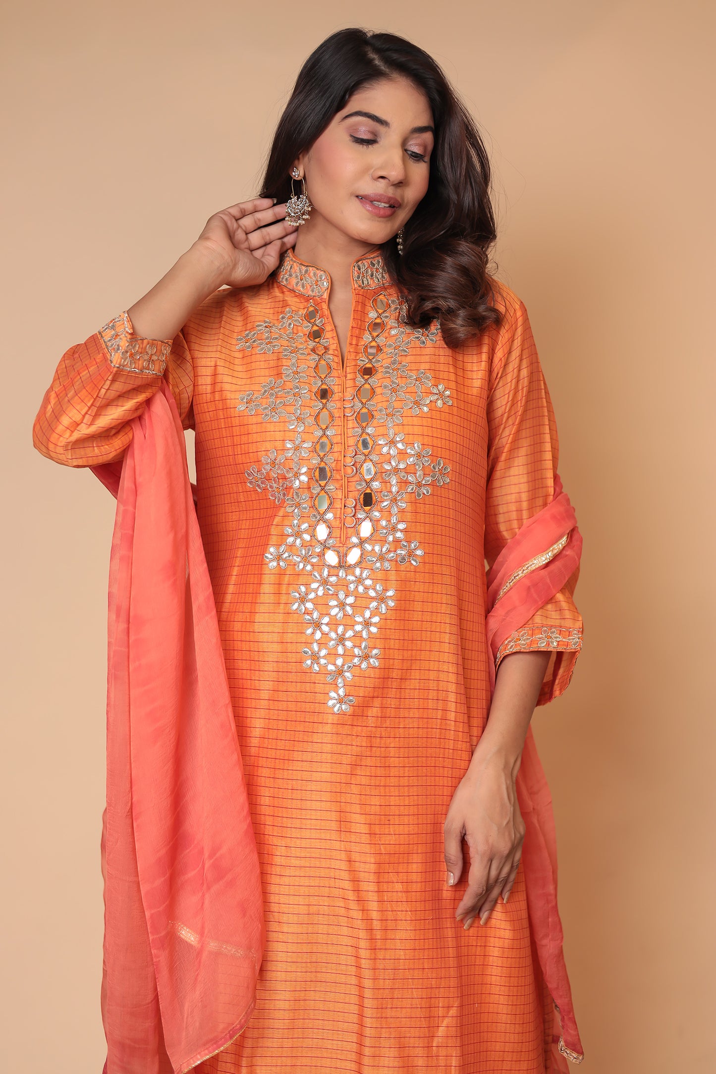 Orange Zardozi Kurta Set: Indian Silk Blend Suit with Chiffon Dupatta