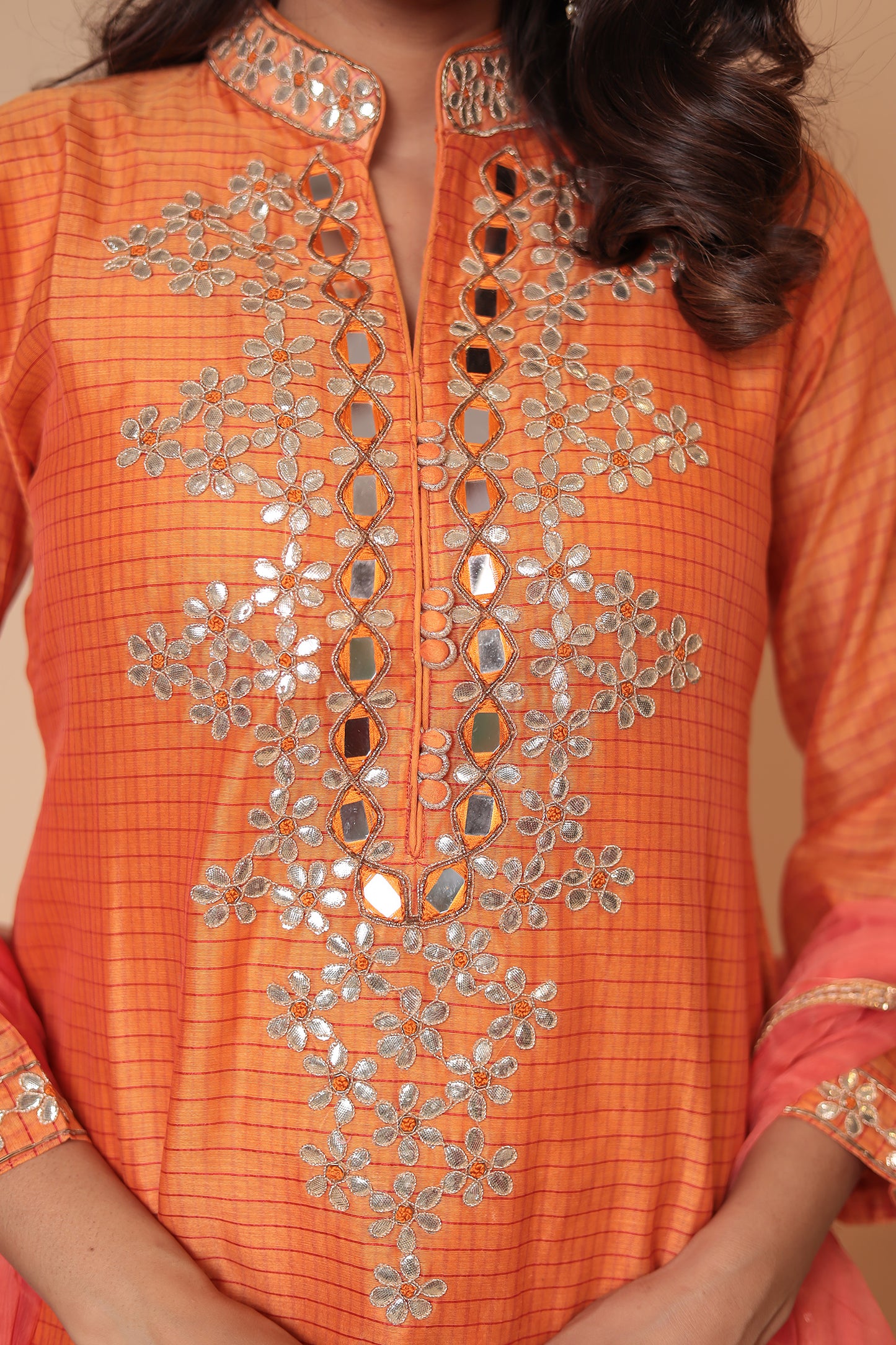 Orange Zardozi Kurta Set: Indian Silk Blend Suit with Chiffon Dupatta