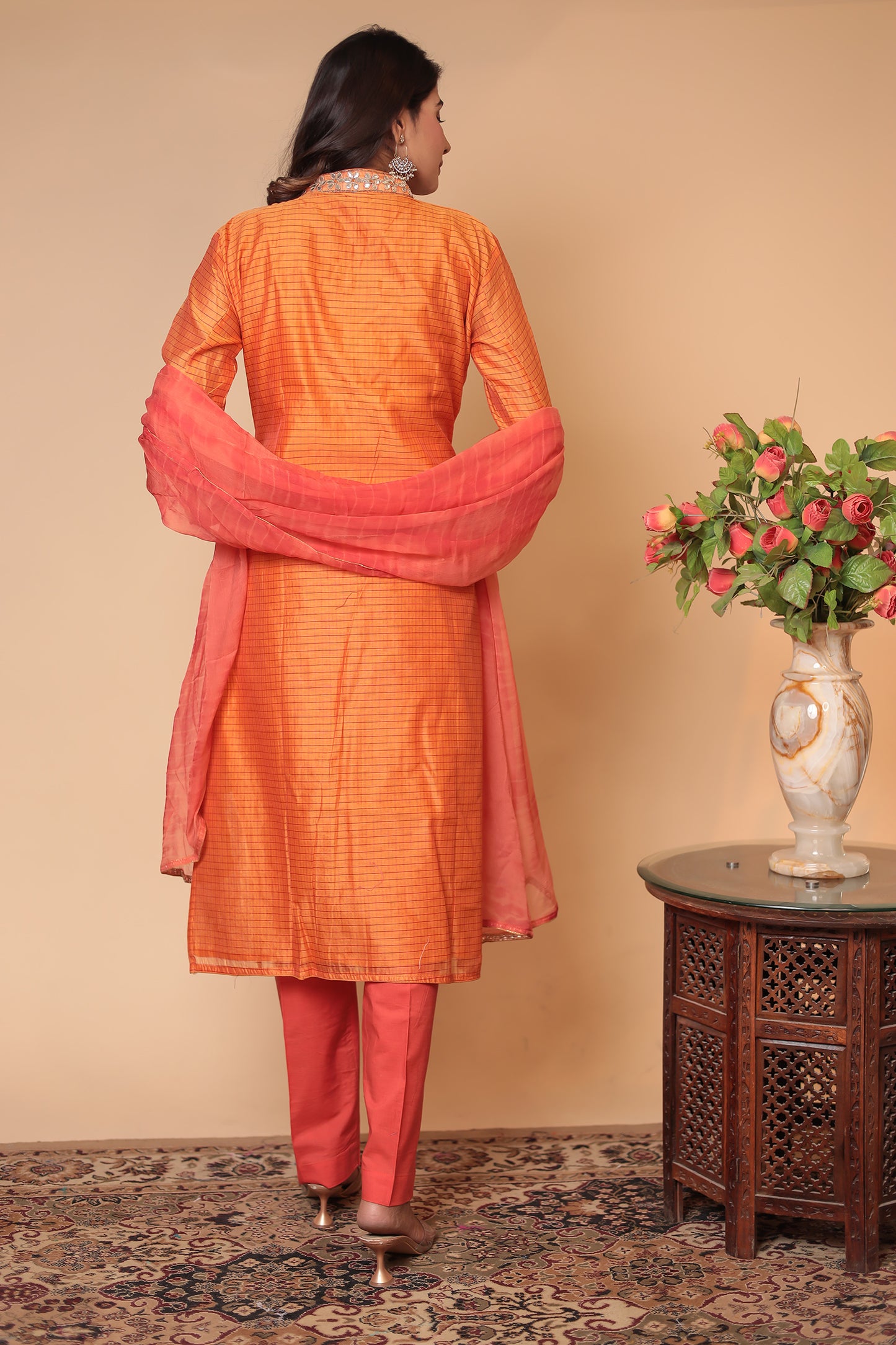 Orange Zardozi Kurta Set: Indian Silk Blend Suit with Chiffon Dupatta