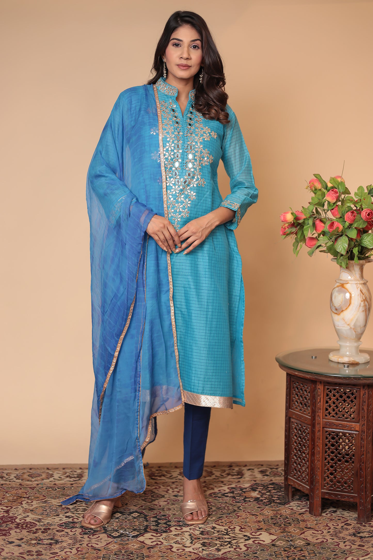 Blue Zardozi Kurta Set: Silk Blend Indian Wedding Guest Outfit