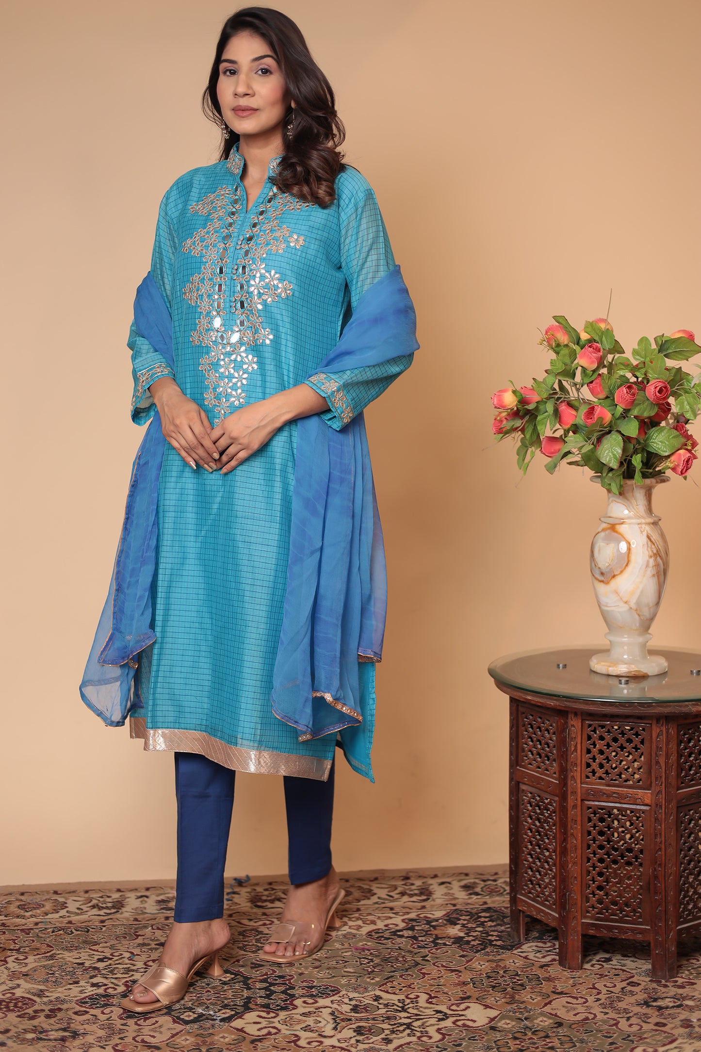 Blue Zardozi Kurta Set: Silk Blend Indian Wedding Guest Outfit