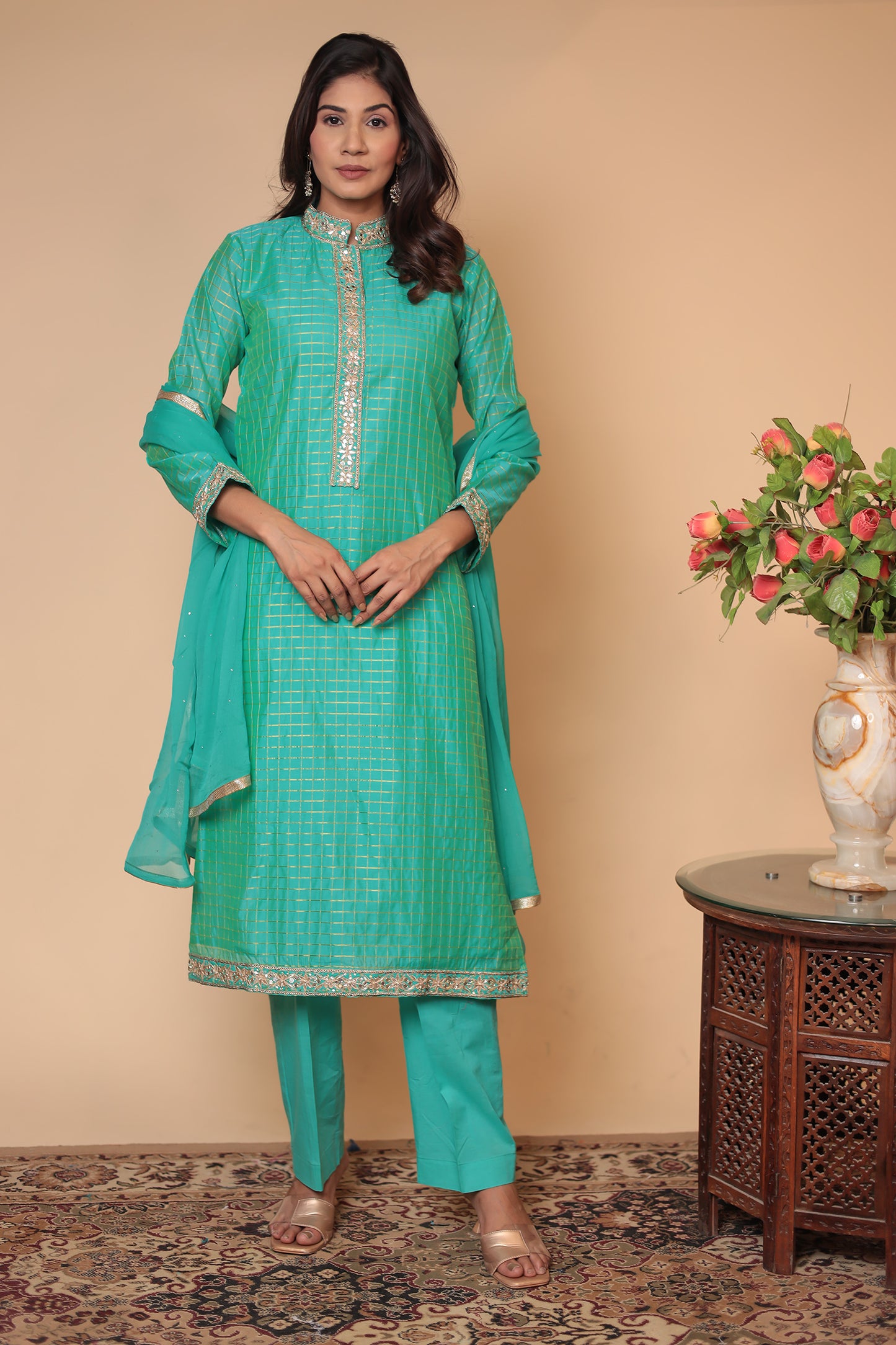 Green Zardozi Kurta Pant Set with Dupatta - Indian Party Wear