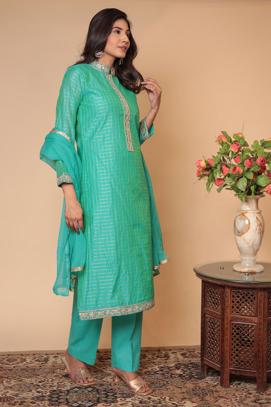 Green Zardozi Kurta Pant Set with Dupatta - Indian Party Wear