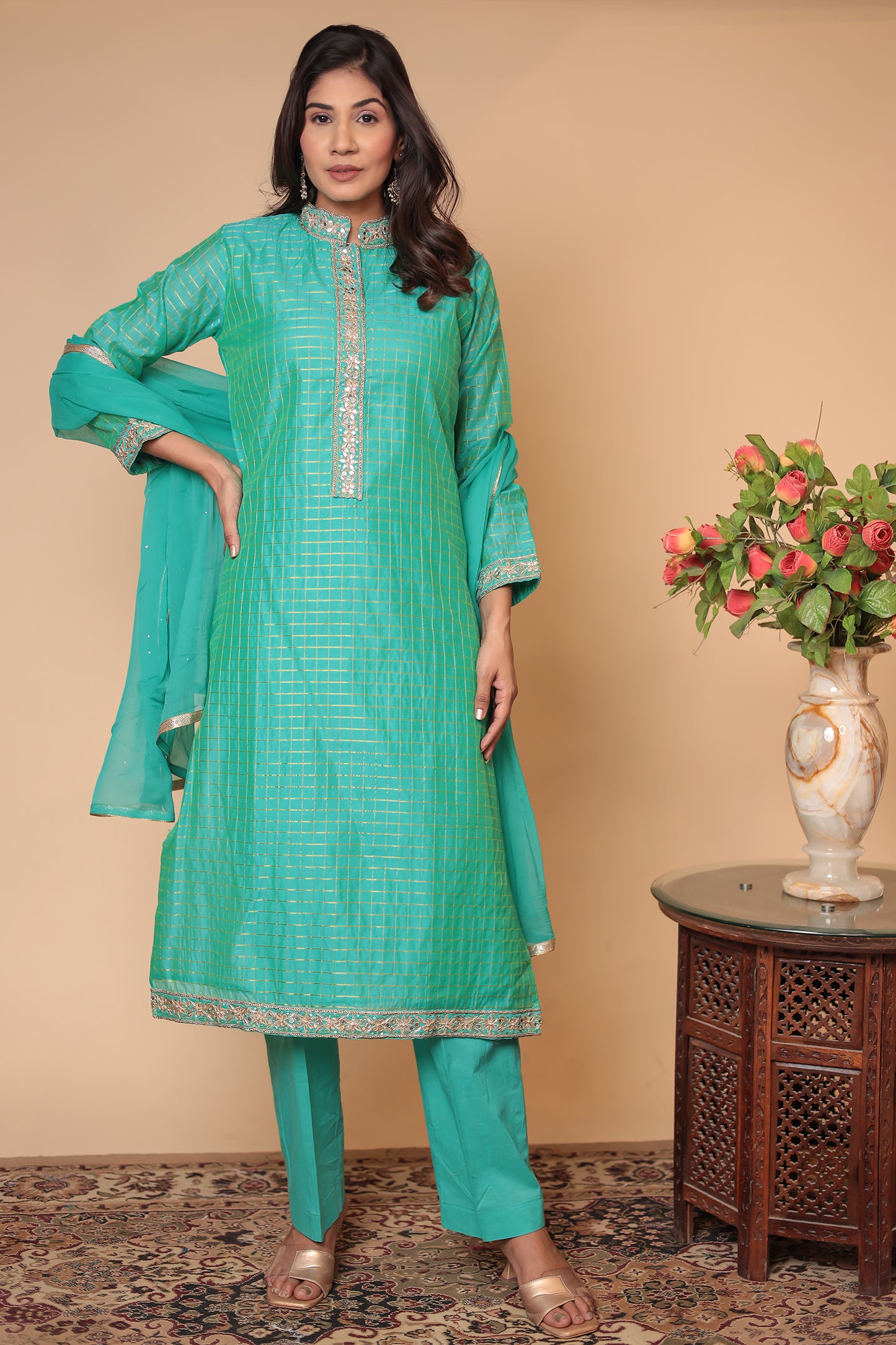 Green Zardozi Kurta Pant Set with Dupatta - Indian Party Wear