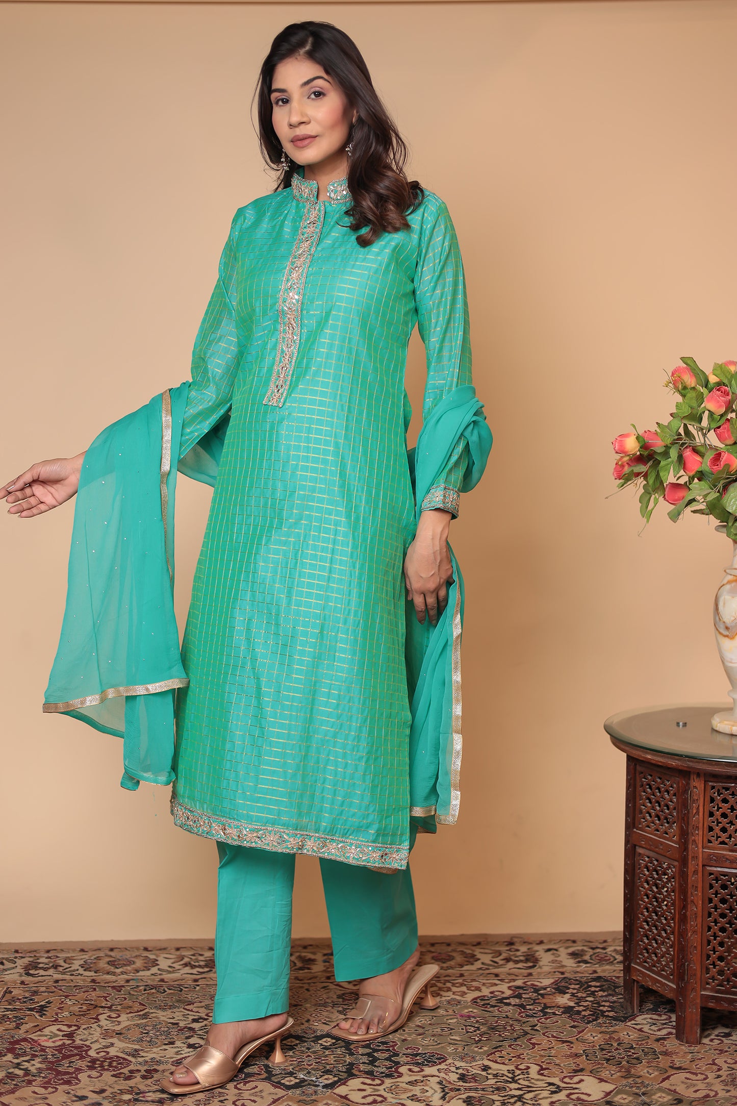 Green Zardozi Kurta Pant Set with Dupatta - Indian Party Wear
