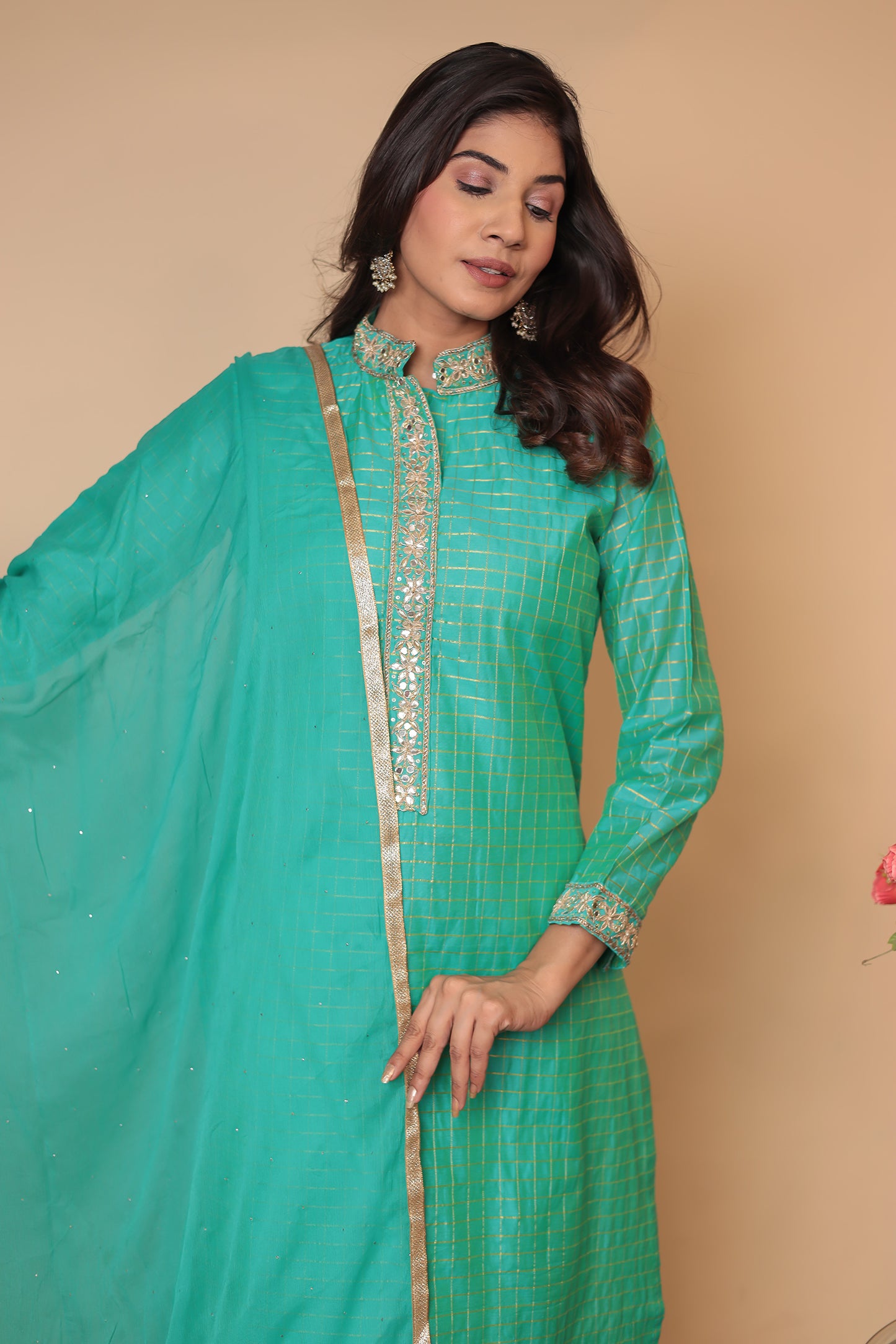Green Zardozi Kurta Pant Set with Dupatta - Indian Party Wear