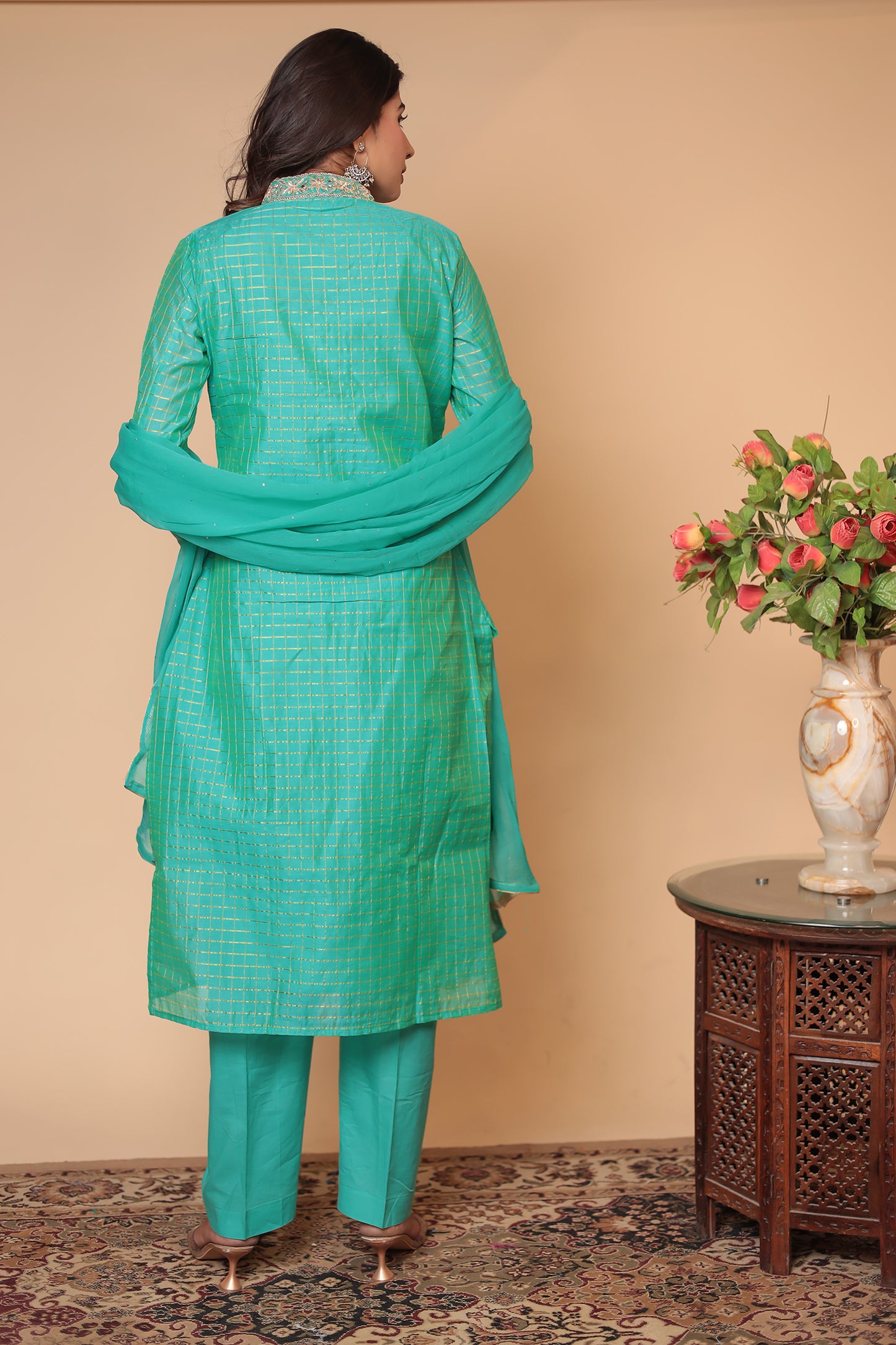 Green Zardozi Kurta Pant Set with Dupatta - Indian Party Wear