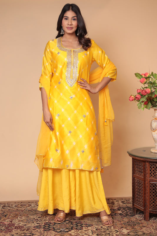 Yellow Chanderi Silk Sharara Set: Gota Patti Indian Suit