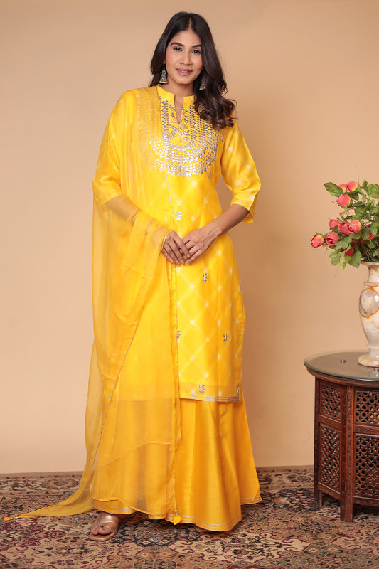 Yellow Chanderi Silk Sharara Set: Hand Zari Embroidery, Indian Festive Outfit