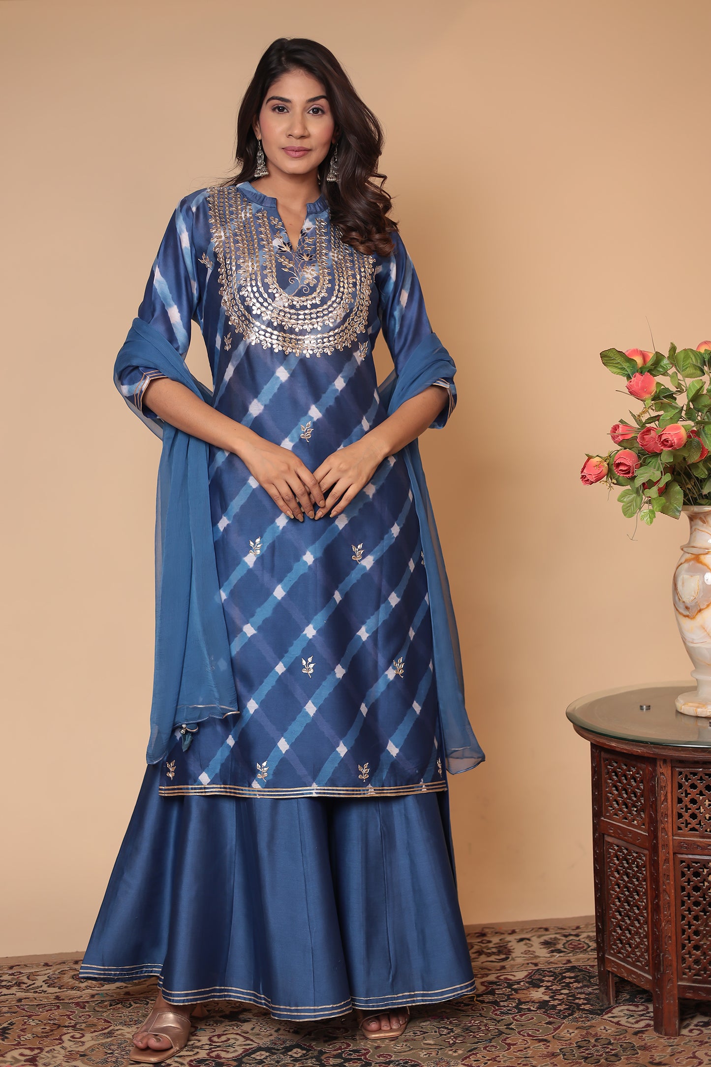 Blue Chanderi Silk Sharara Set: Zari Sequin Embroidery, Indian Ethnic Suit