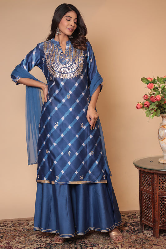 Blue Chanderi Silk Sharara Set: Zari Sequin Embroidery, Indian Ethnic Suit