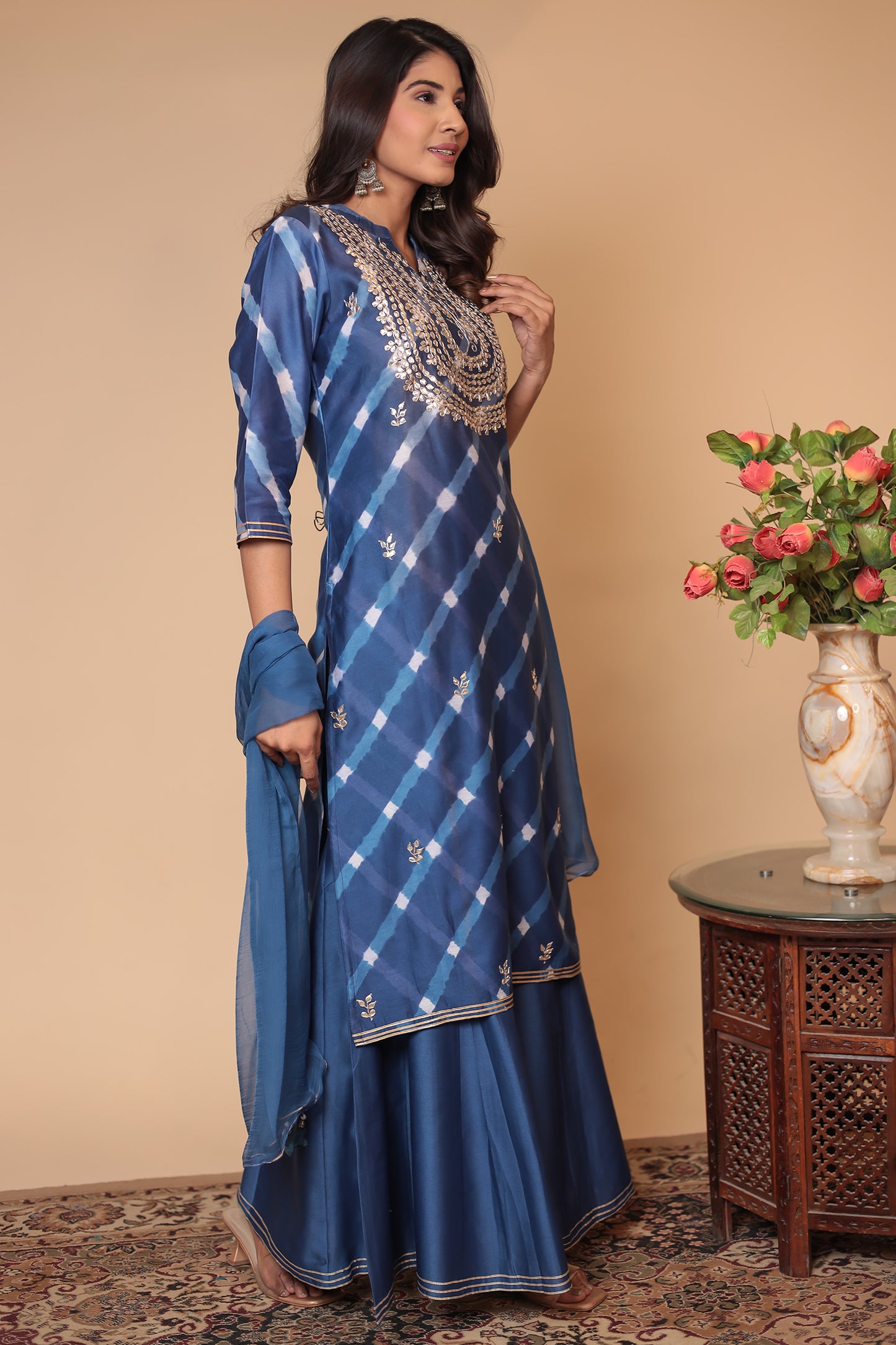 Blue Chanderi Silk Sharara Set: Zari Sequin Embroidery, Indian Ethnic Suit