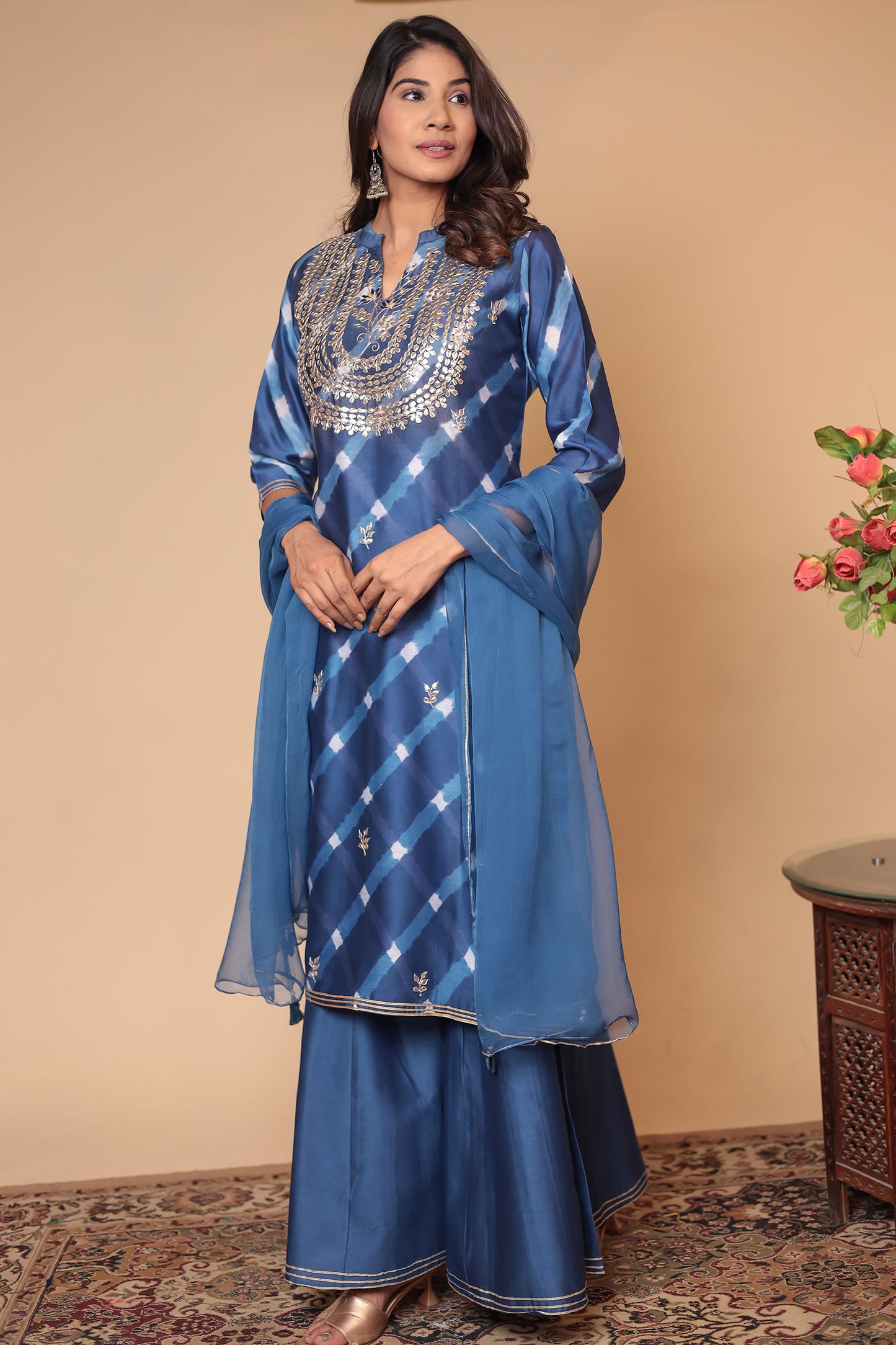 Blue Chanderi Silk Sharara Set: Zari Sequin Embroidery, Indian Ethnic Suit