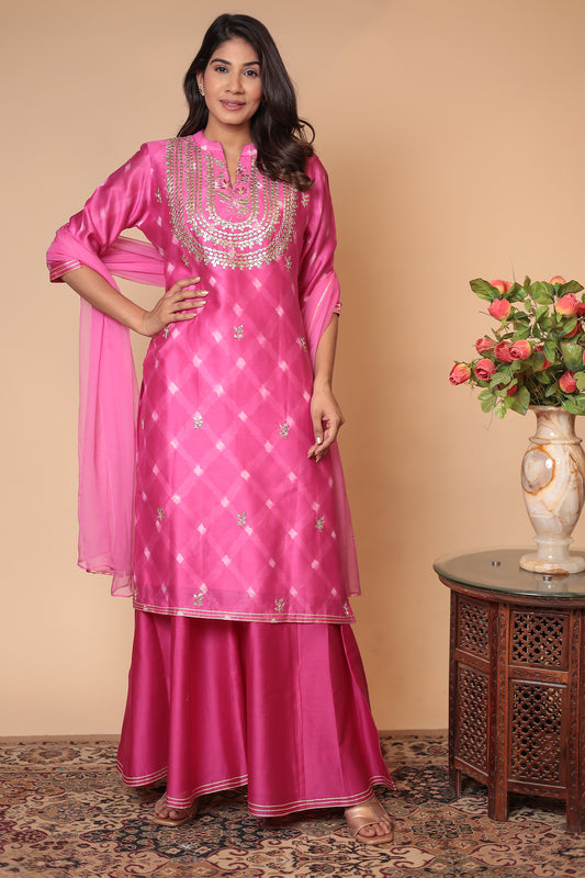 Pink Chanderi Silk Sharara Set: Zardozi Hand Embroidery Indian Outfit