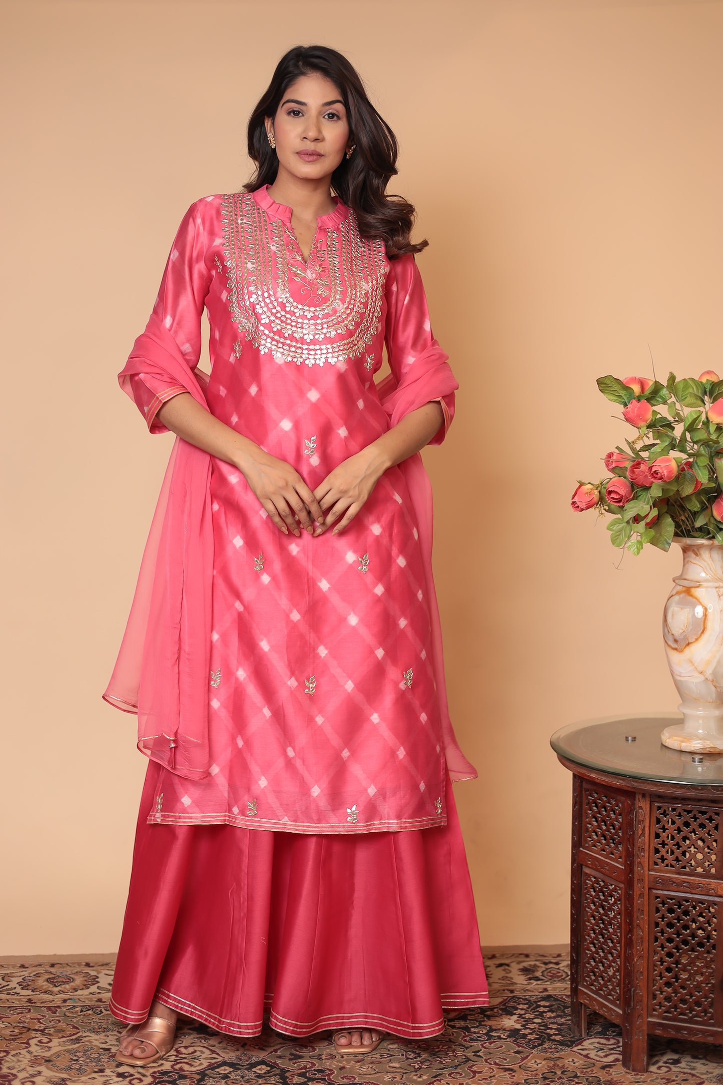 Pink Chanderi Silk Sharara Set: Handcrafted Zardozi Indian Outfit
