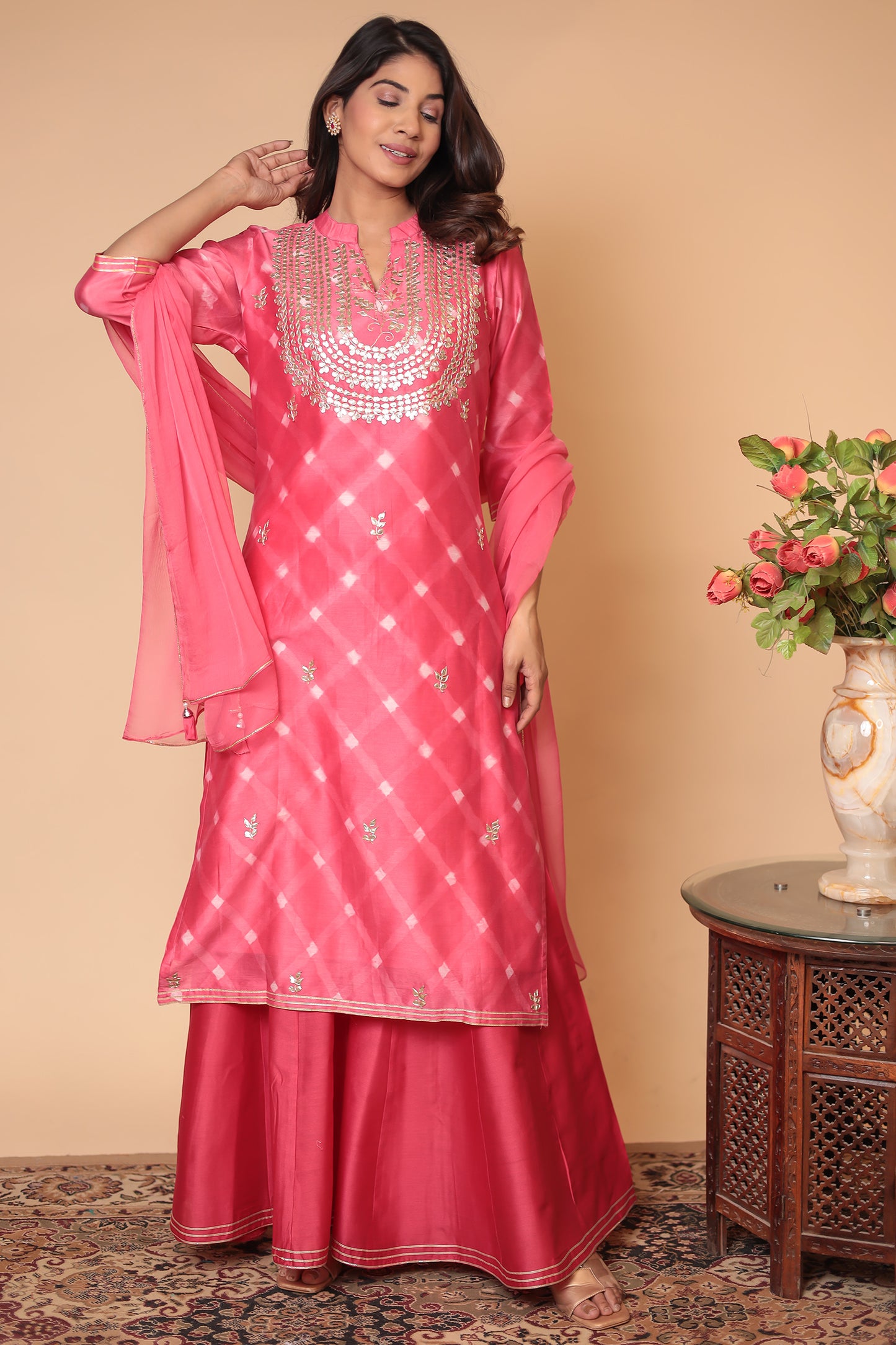 Pink Chanderi Silk Sharara Set: Handcrafted Zardozi Indian Outfit