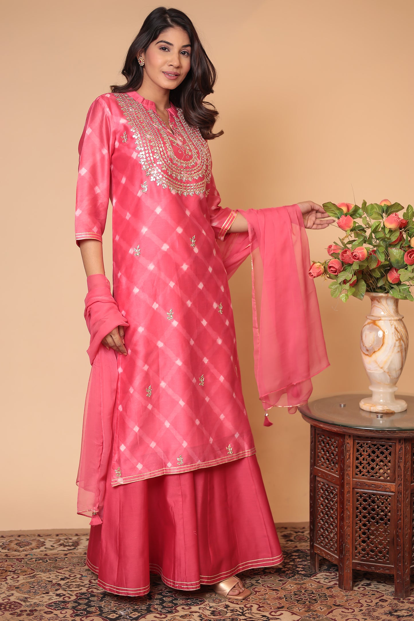 Pink Chanderi Silk Sharara Set: Handcrafted Zardozi Indian Outfit