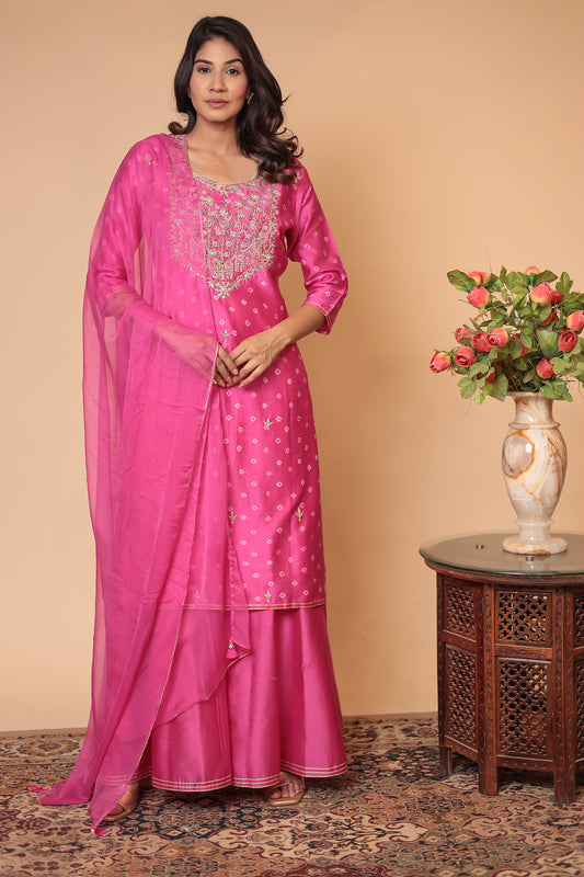 Pink Chanderi Silk Sharara Set: Zardozi Handwork Indian Outfit