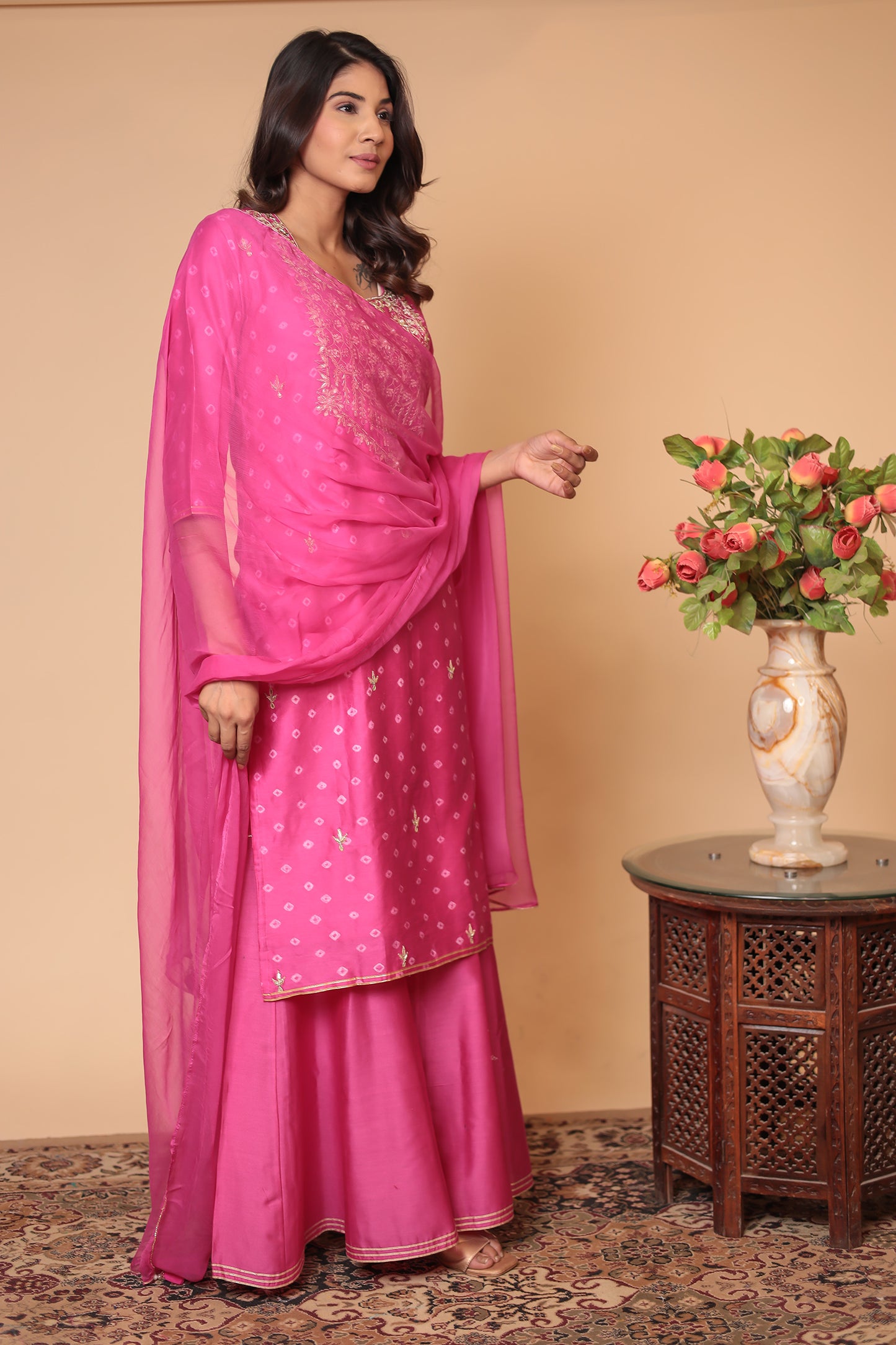 Pink Chanderi Silk Sharara Set: Zardozi Handwork Indian Outfit