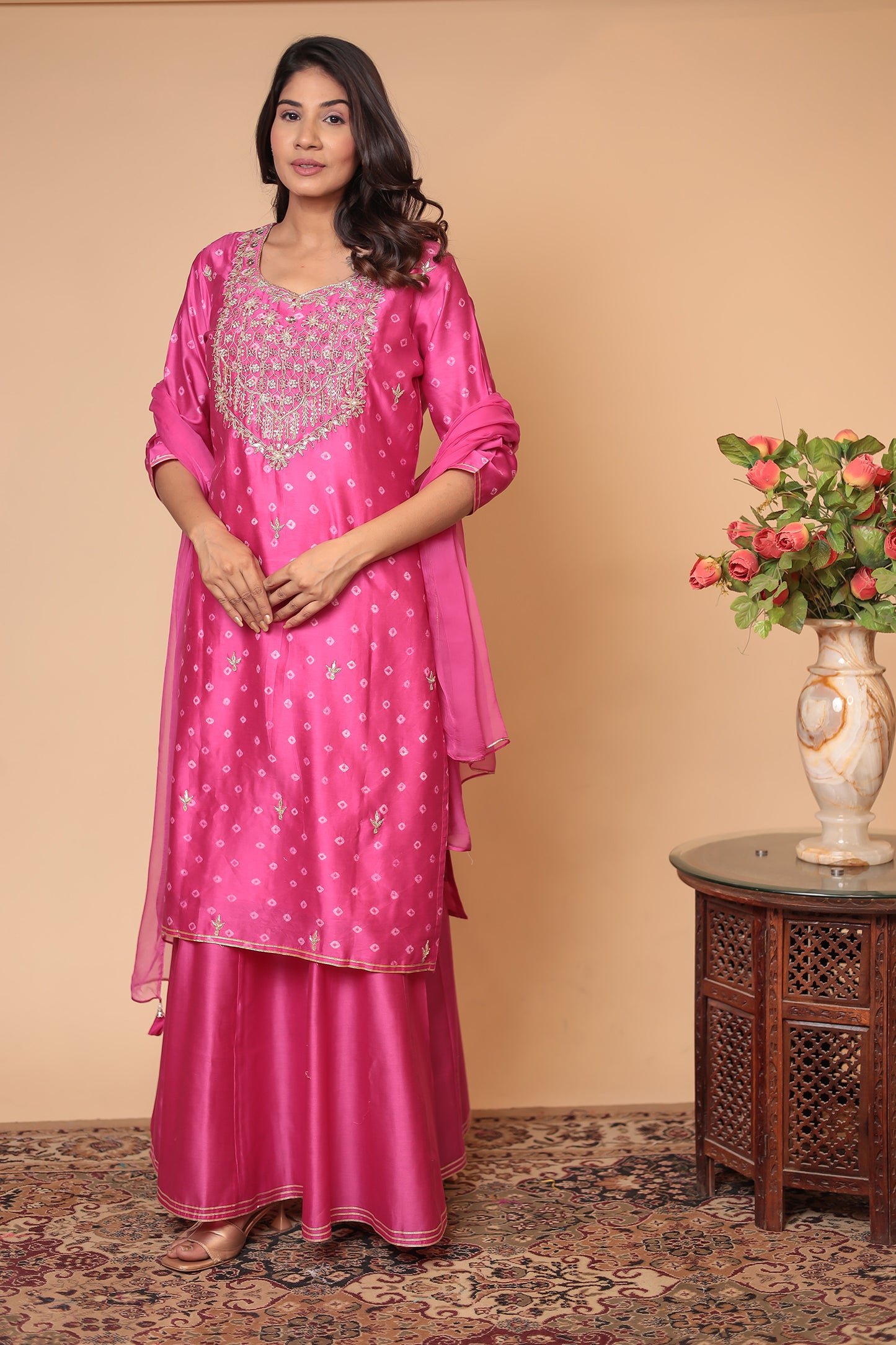 Pink Chanderi Silk Sharara Set: Zardozi Handwork Indian Outfit