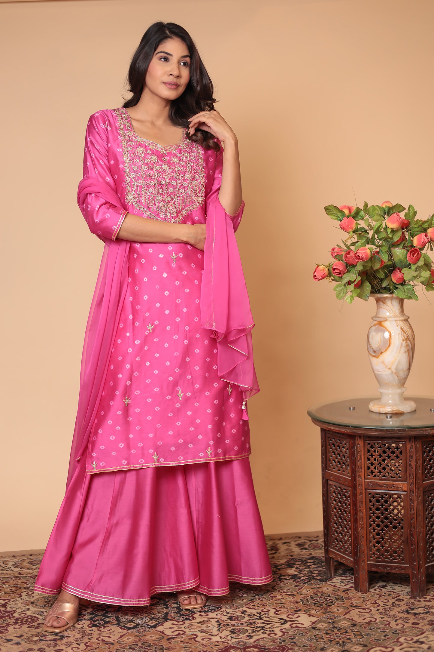 Pink Chanderi Silk Sharara Set: Zardozi Handwork Indian Outfit