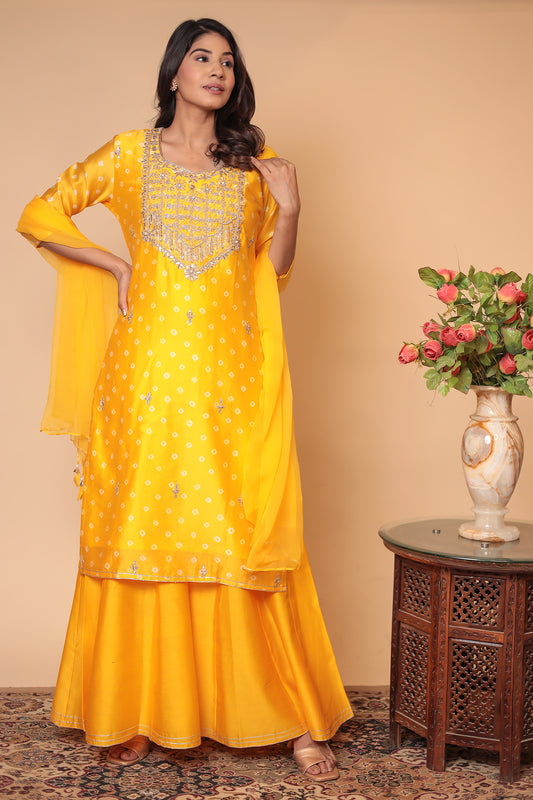 Yellow Chanderi Silk Sharara Set: Zardozi Work Indian Outfit