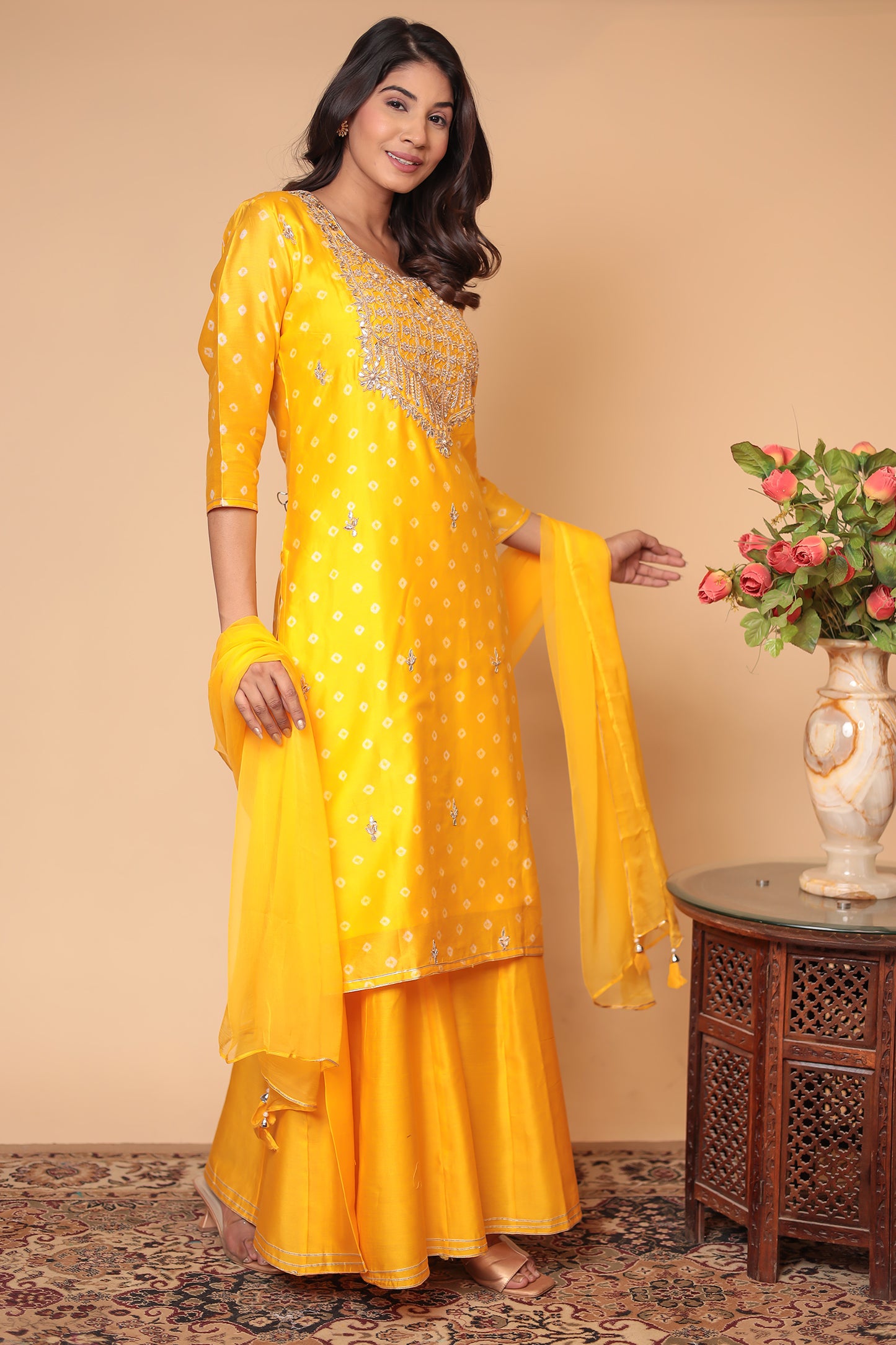 Yellow Chanderi Silk Sharara Set: Zardozi Work Indian Outfit