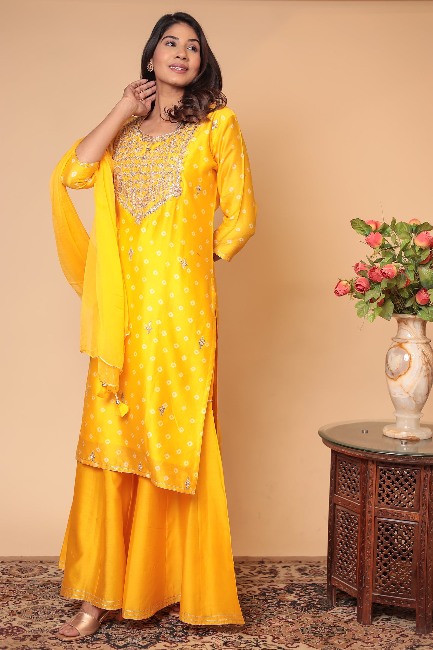 Yellow Chanderi Silk Sharara Set: Zardozi Work Indian Outfit