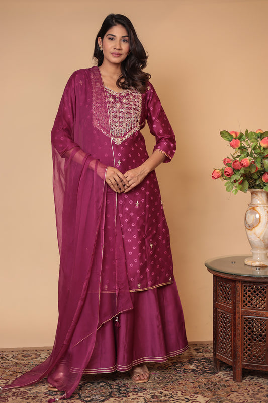 BLUSHNAAZ Wine Pure Chanderi Silk Sharara Set, Handcrafted Gotta Patti, Festive & Wedding Party Outfit