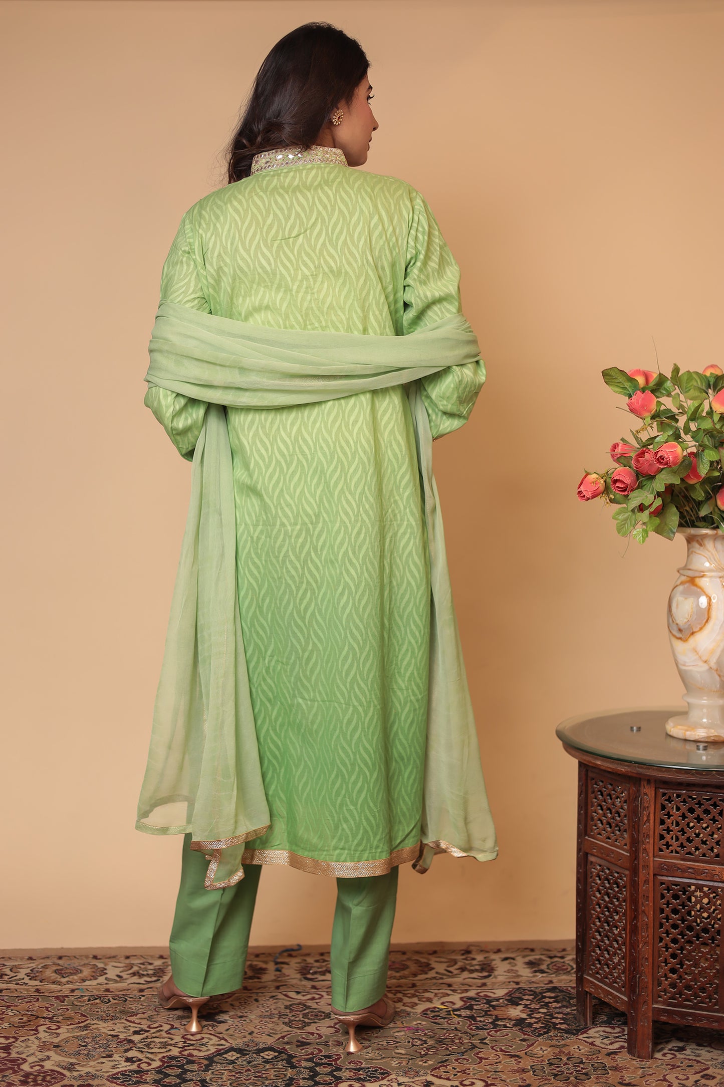 Green Pure Cotton Kurta Salwar Dupatta Set: Gotta Patti Handwork
