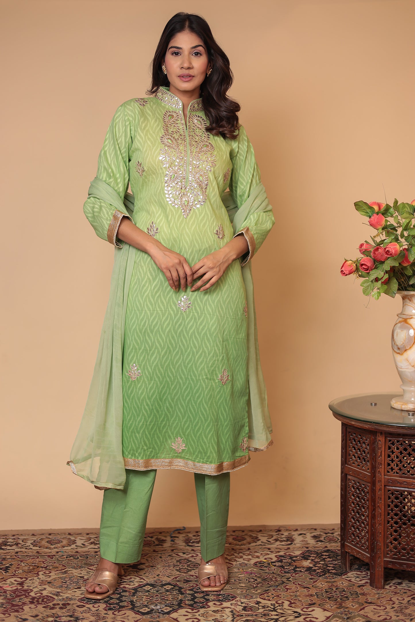 Green Pure Cotton Kurta Salwar Dupatta Set: Gotta Patti Handwork