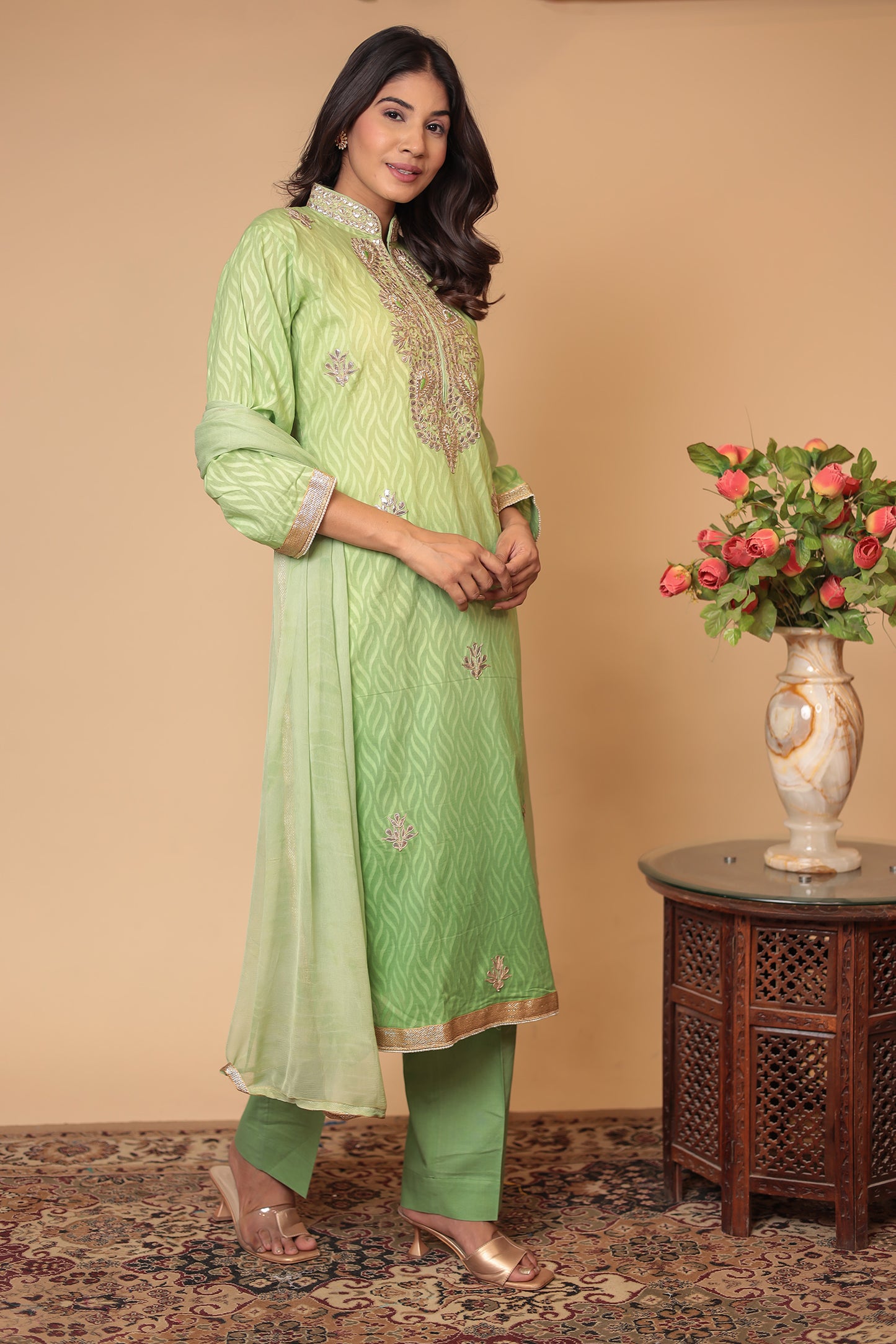 Green Pure Cotton Kurta Salwar Dupatta Set: Gotta Patti Handwork