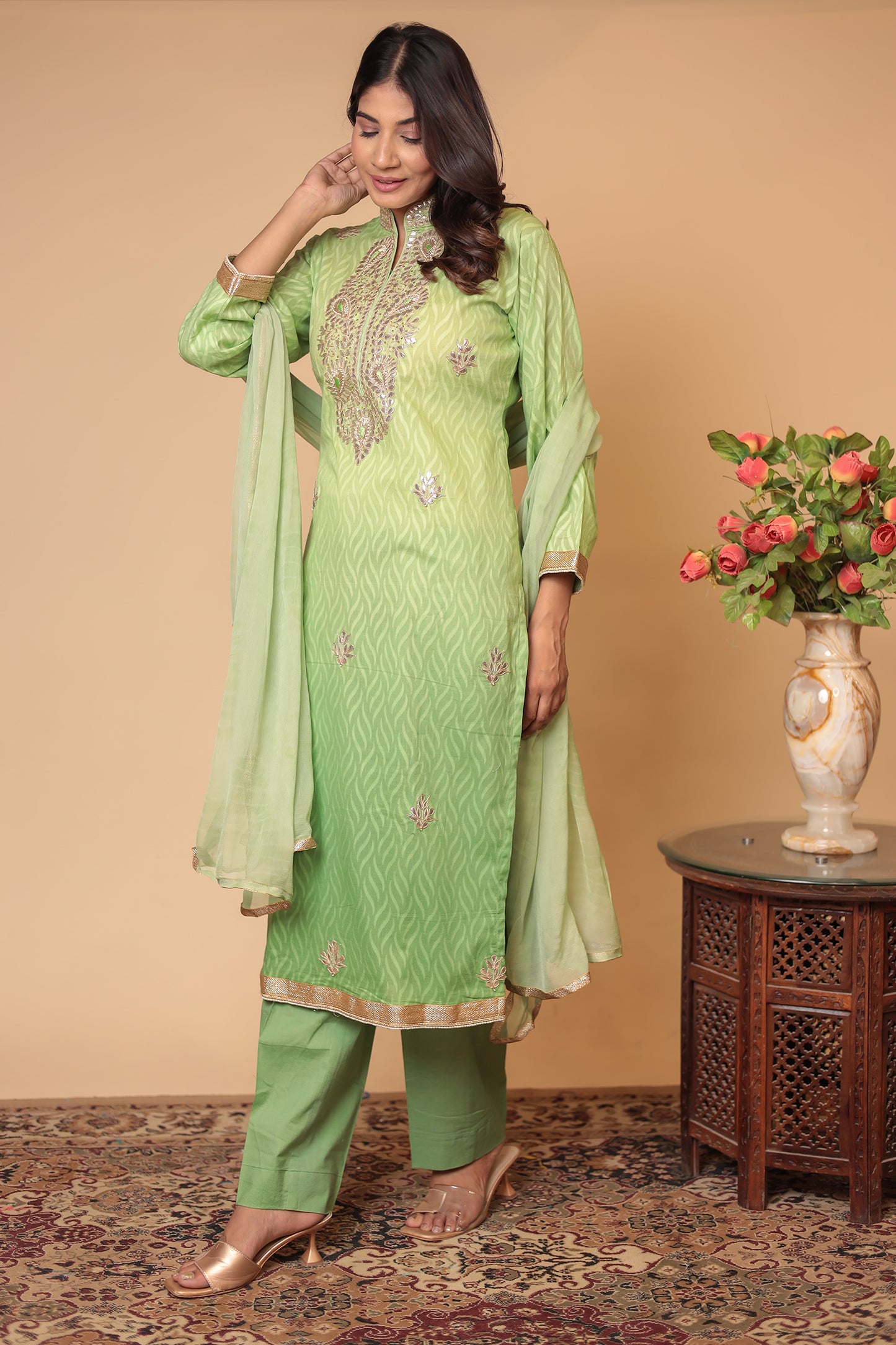 Green Pure Cotton Kurta Salwar Dupatta Set: Gotta Patti Handwork