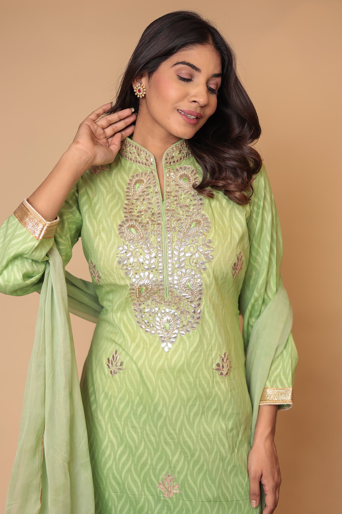Green Pure Cotton Kurta Salwar Dupatta Set: Gotta Patti Handwork