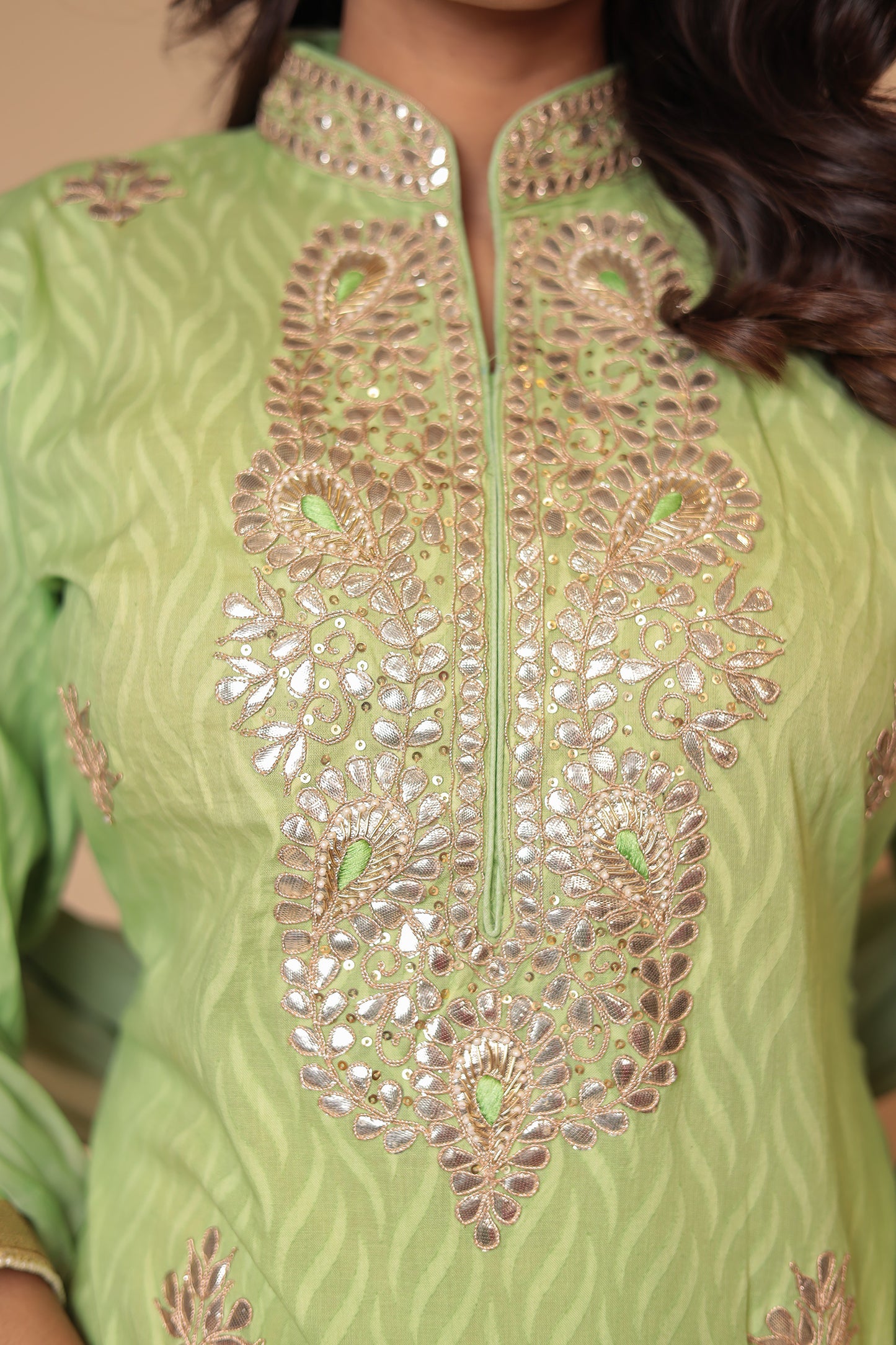 Green Pure Cotton Kurta Salwar Dupatta Set: Gotta Patti Handwork