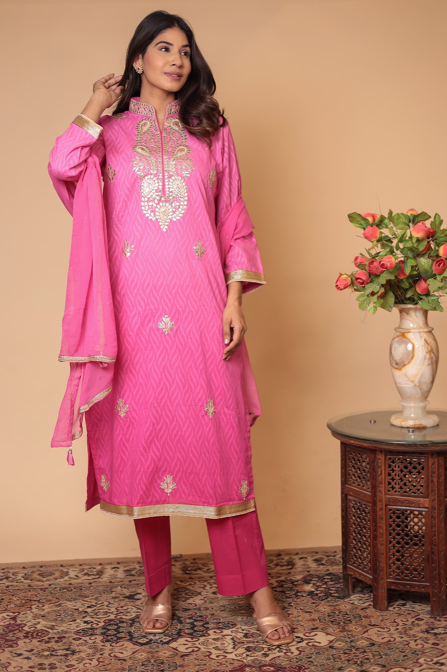 Pink Chanderi Silk Kurta Pant Dupatta Set: Gota Patti Ethnic Wear