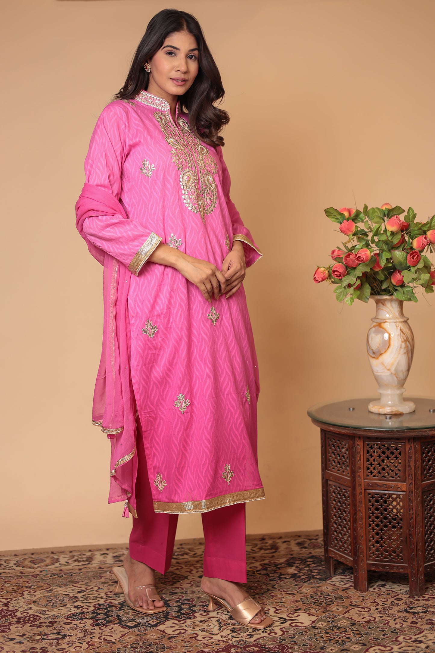 Pink Chanderi Silk Kurta Pant Dupatta Set: Gota Patti Ethnic Wear