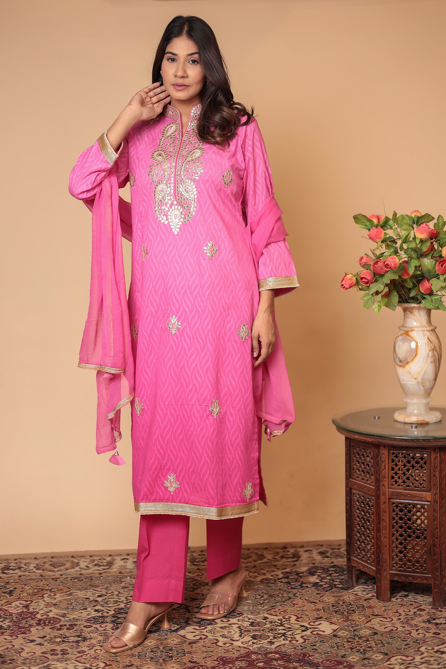 Pink Chanderi Silk Kurta Pant Dupatta Set: Gota Patti Ethnic Wear