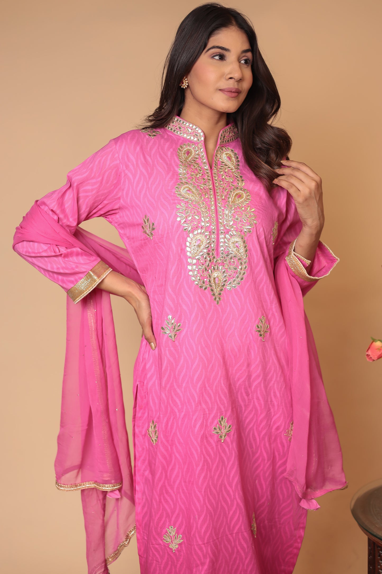 Pink Chanderi Silk Kurta Pant Dupatta Set: Gota Patti Ethnic Wear