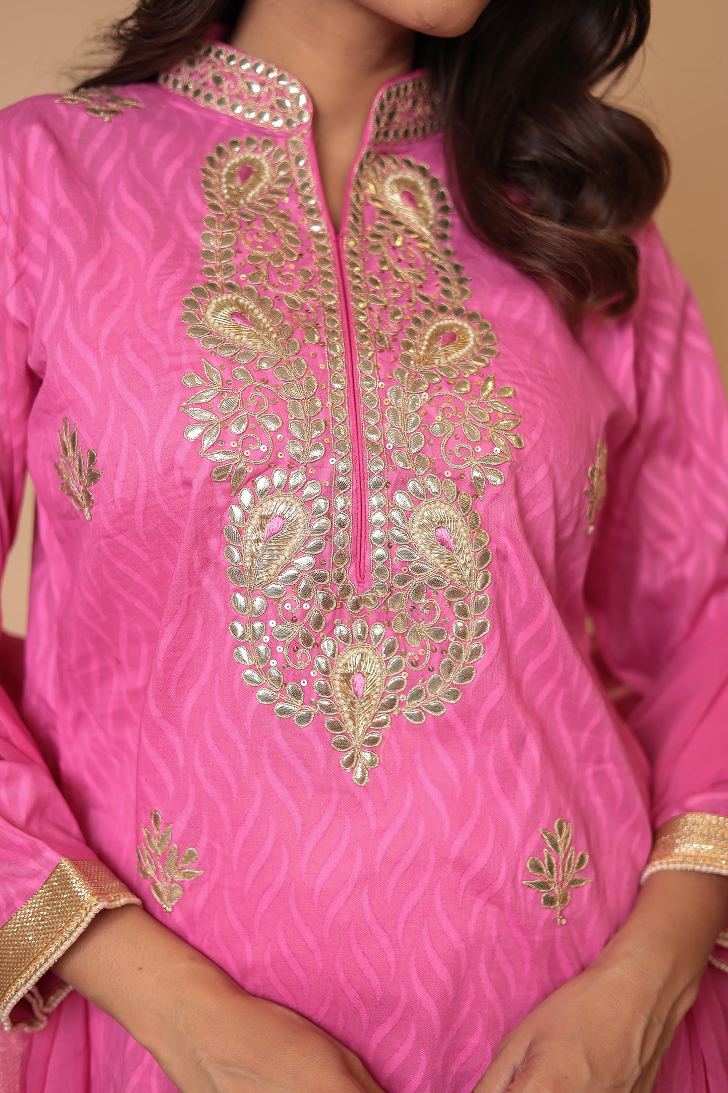 Pink Chanderi Silk Kurta Pant Dupatta Set: Gota Patti Ethnic Wear