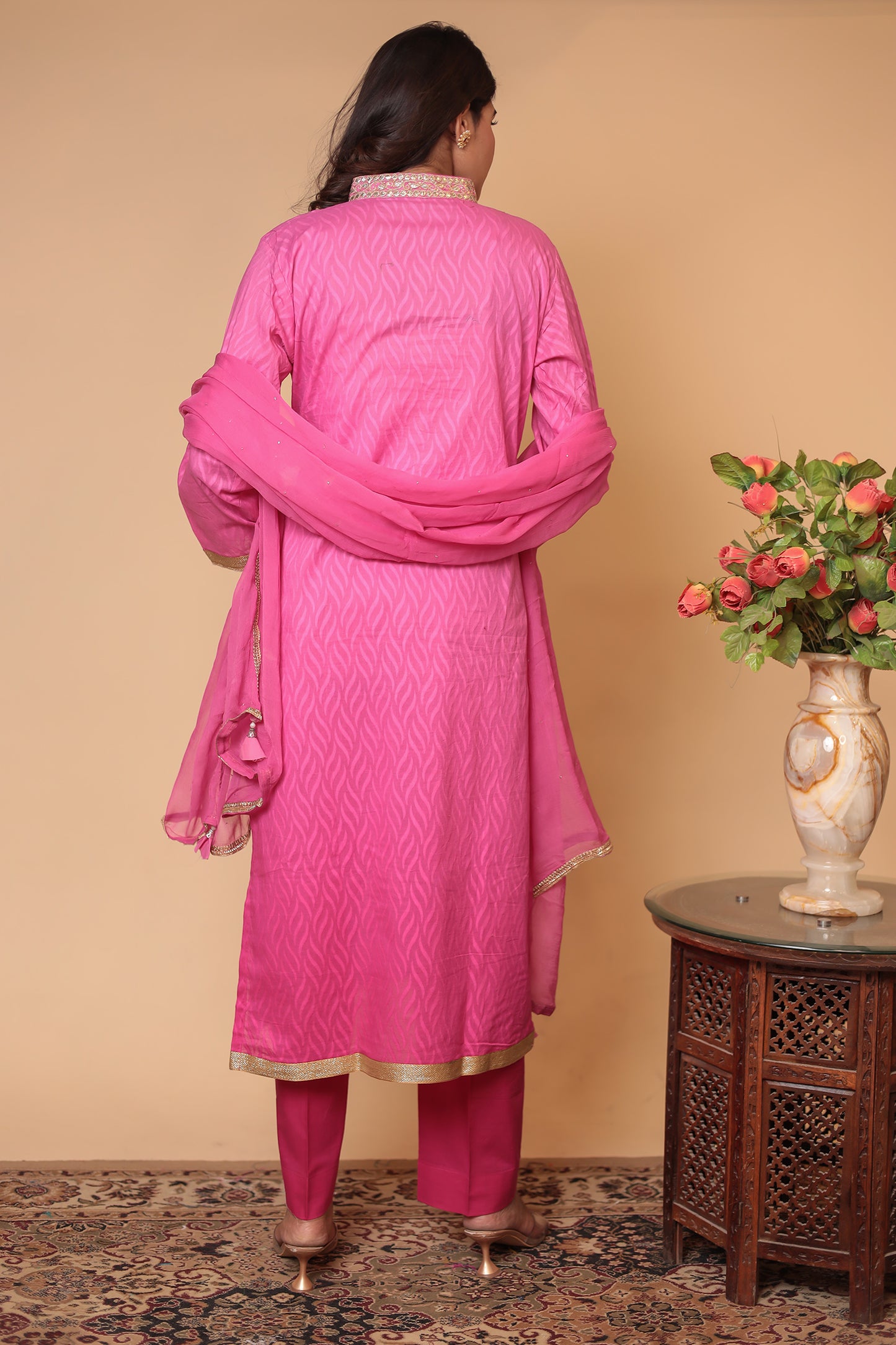 Pink Chanderi Silk Kurta Pant Dupatta Set: Gota Patti Ethnic Wear